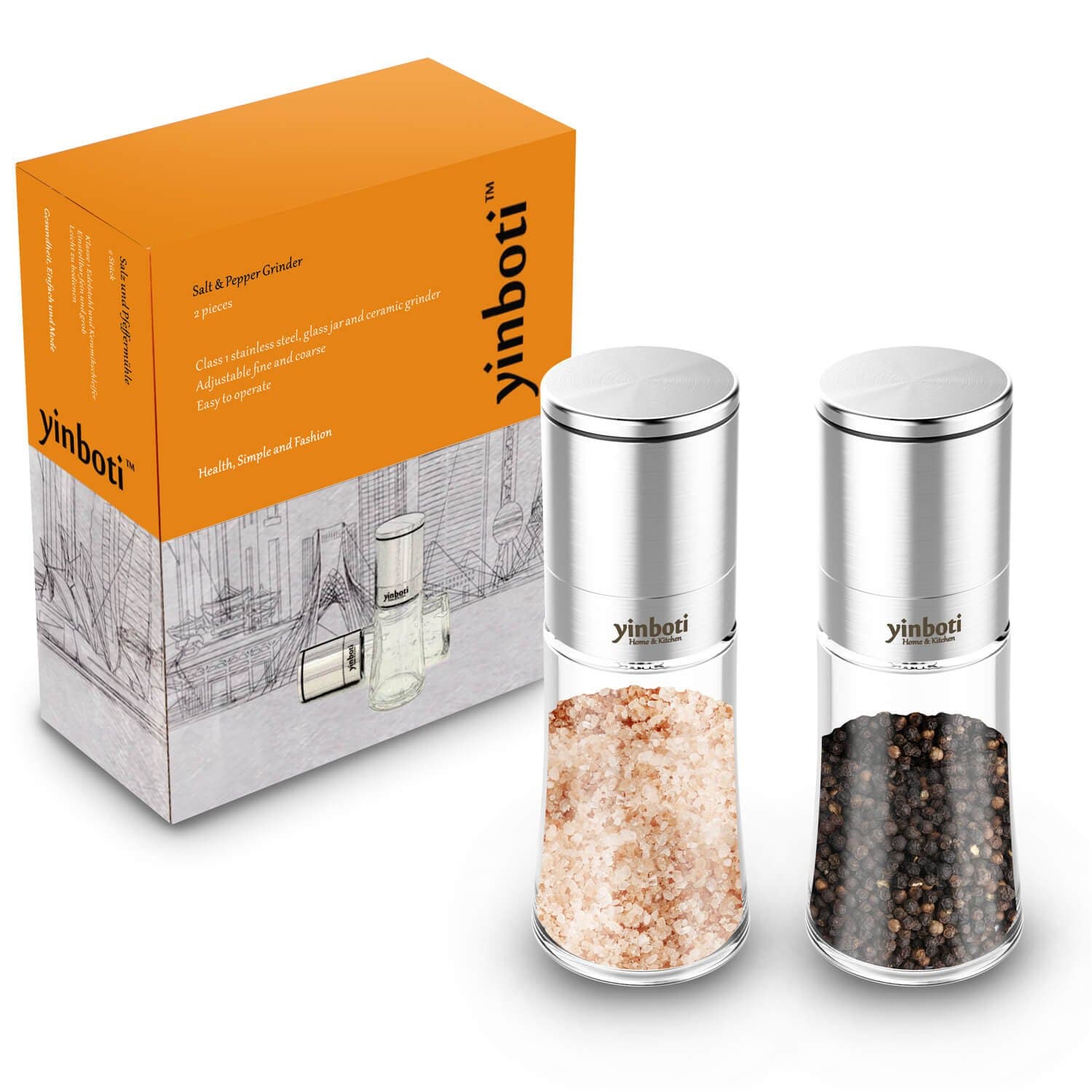 yinboti Salt and Pepper Grinder Set Manual Mills with Brushed Stainless Steel and Glass (Pack-2, No Spices Include)