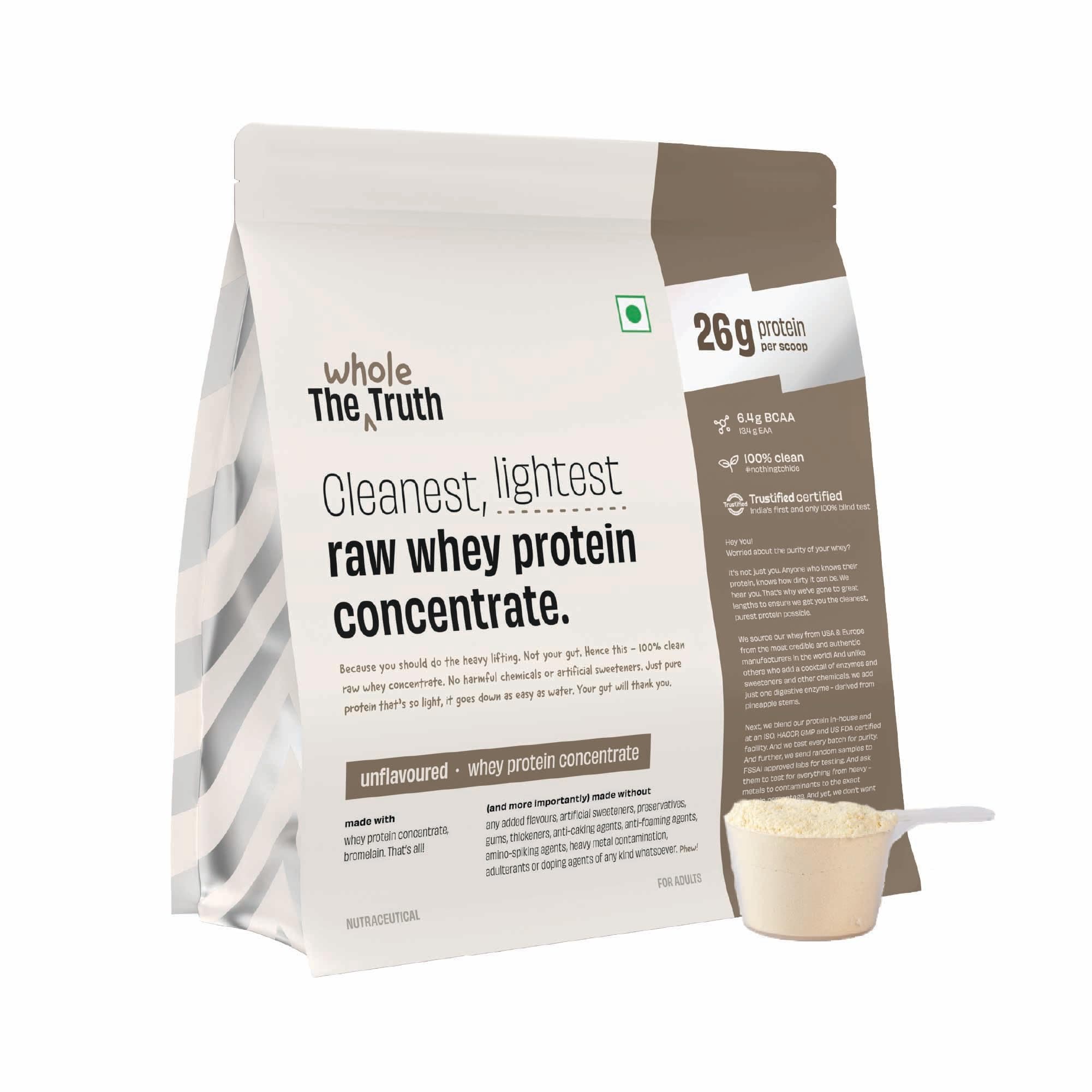 The Whole Truth Whey Protein Concentrate Unflavoured |1 kg (2.2 lbs) | 26g Protein per scoop | 6.4g BCAA | 100% Authentic Whey & No Adulteration | Clean and Light | Muscle Building | Vegetarian