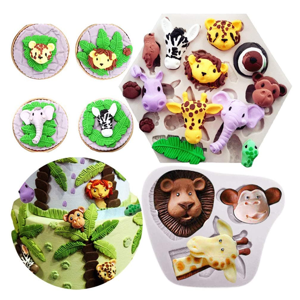 Safari Animal Mold Fondant- Forest Woodland Animals Cake Decorating Wild Zoo Silicone Mold for Chocolate Candy Gum Paste Clay Sugar Craft Cupcake Topper Supplies (Elephant Lion Giraffe Monkey