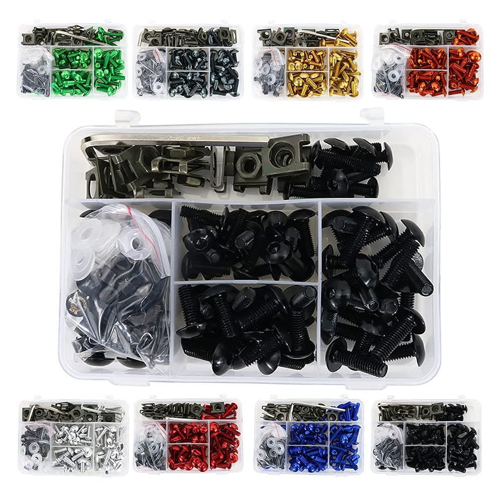Motorcycle Universal Fairing Bolt Kits - Fit for CRF-R, YZ, Ninja/ZX, GSX/DRZ Series - Sport Bike Screws, Washers, Nuts, Clips Assortment (Black)