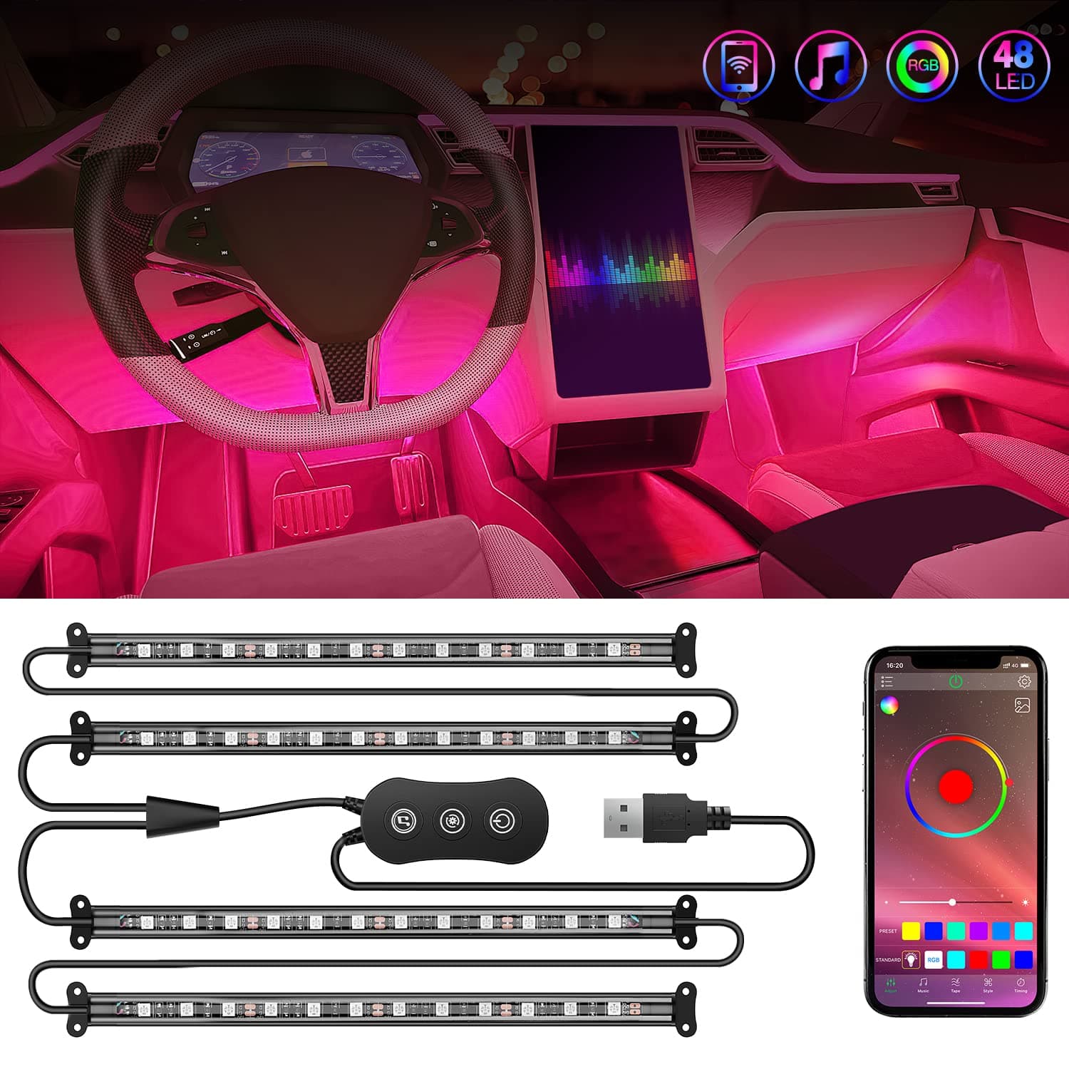 4PCS USB Interior Car Lights 48 LEDs RGB LED Strips Lights with App Control Music Sound Active Mode Under Dash Footwell Ambient Lights 2 Line Design for Car Truck ATV UTV, 2 Years Warranty
