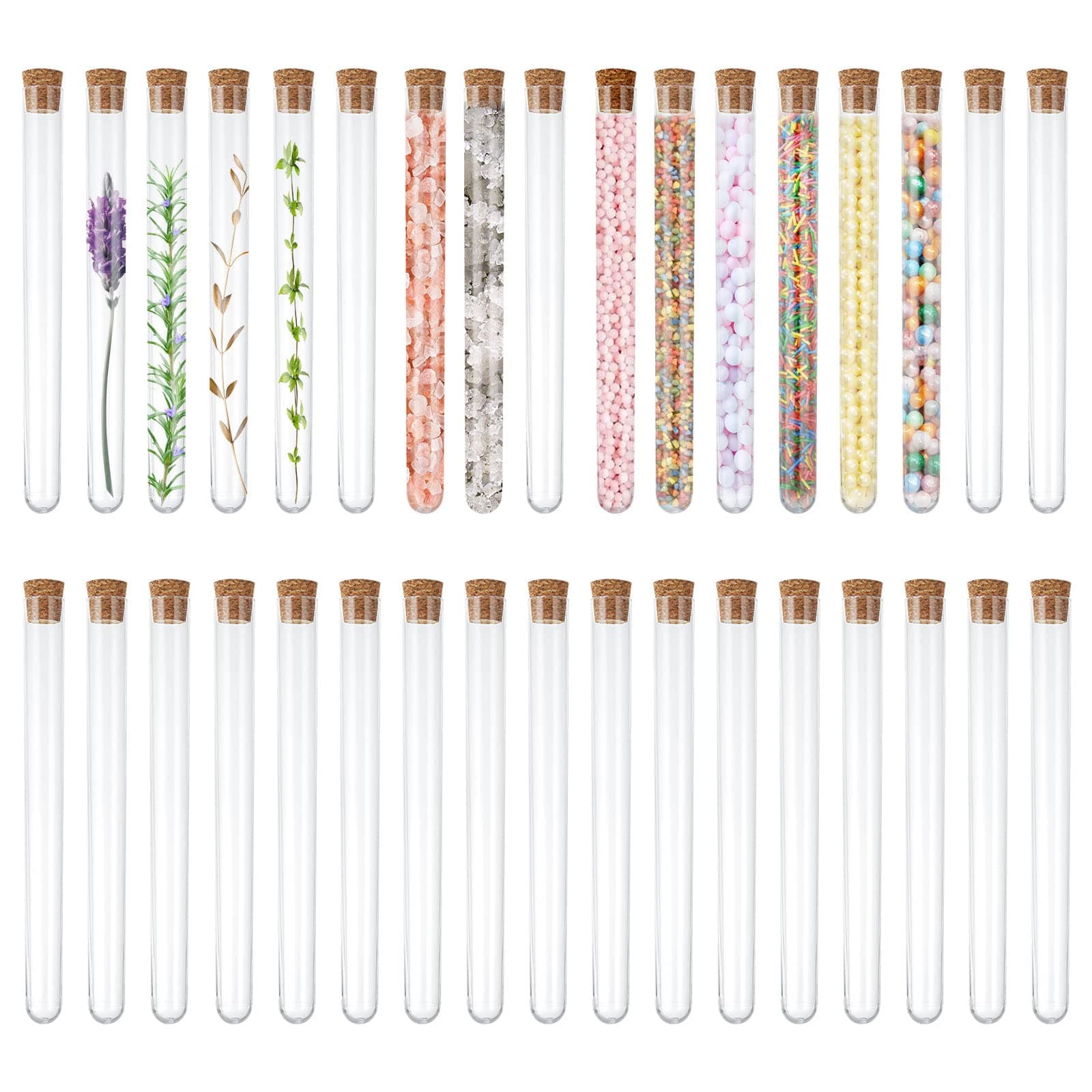YAYODS 100PCS Plastic Test Tubes with Cork Stoppers, 20ML Reusable Clear Test Tubes Containers with Caps, Transparent Sealing Storage Test Bottle for Candy Storage, Liquids, Petals and Beads