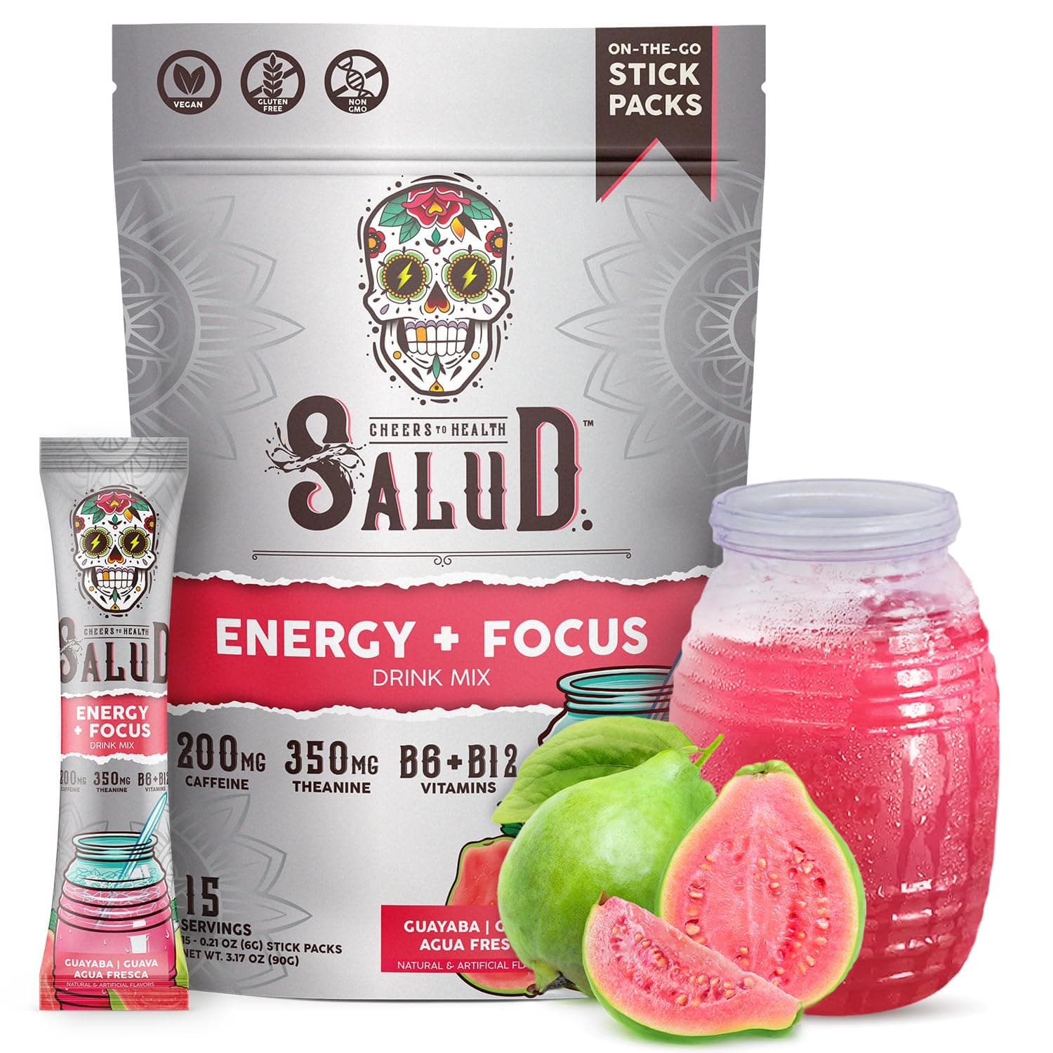 Salud 2-in-1 Energy Drink Powder + Focus, Guava, Organic Caffeine, B6 + B12, Theanine, Clean Energy Drink Packets, Guayaba Agua Fresca Mix, Non-GMO, Gluten Free, Vegan, 1g of Sugar, (15 Servings)