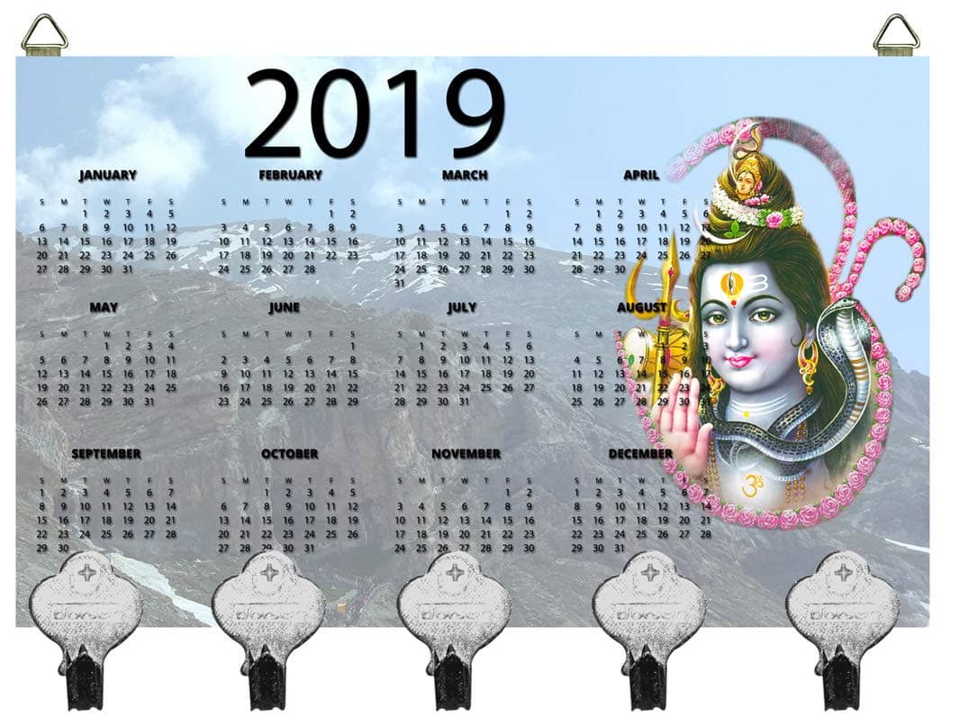 Kartik Digital Printed Calendar 2019 Designer Key Holder 5 Hook Hanging Key Holder 15 x 25 x .5 cm Multi Color Matte Finish Key Holders