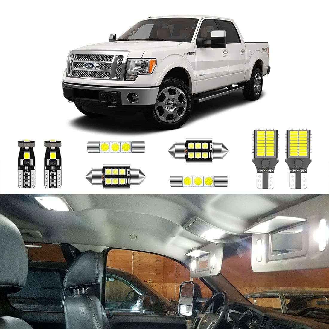 9PCS Super Bright White LED Interior Light Kit Package for Ford F150 2009 2010 2011 2012 2013 2014 + Cargo Lights + License Plate Lights and Install Tool