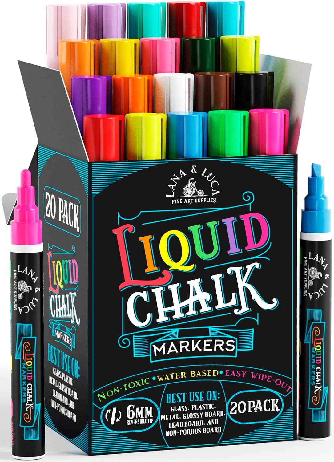 Liquid Chalk Markers for Blackboards - Bold Color Dry Erase Marker Pens - Chalk Markers for Chalkboards Signs, Windows, Blackboard, Glass - 6mm Reversible Tip (20 Pack)