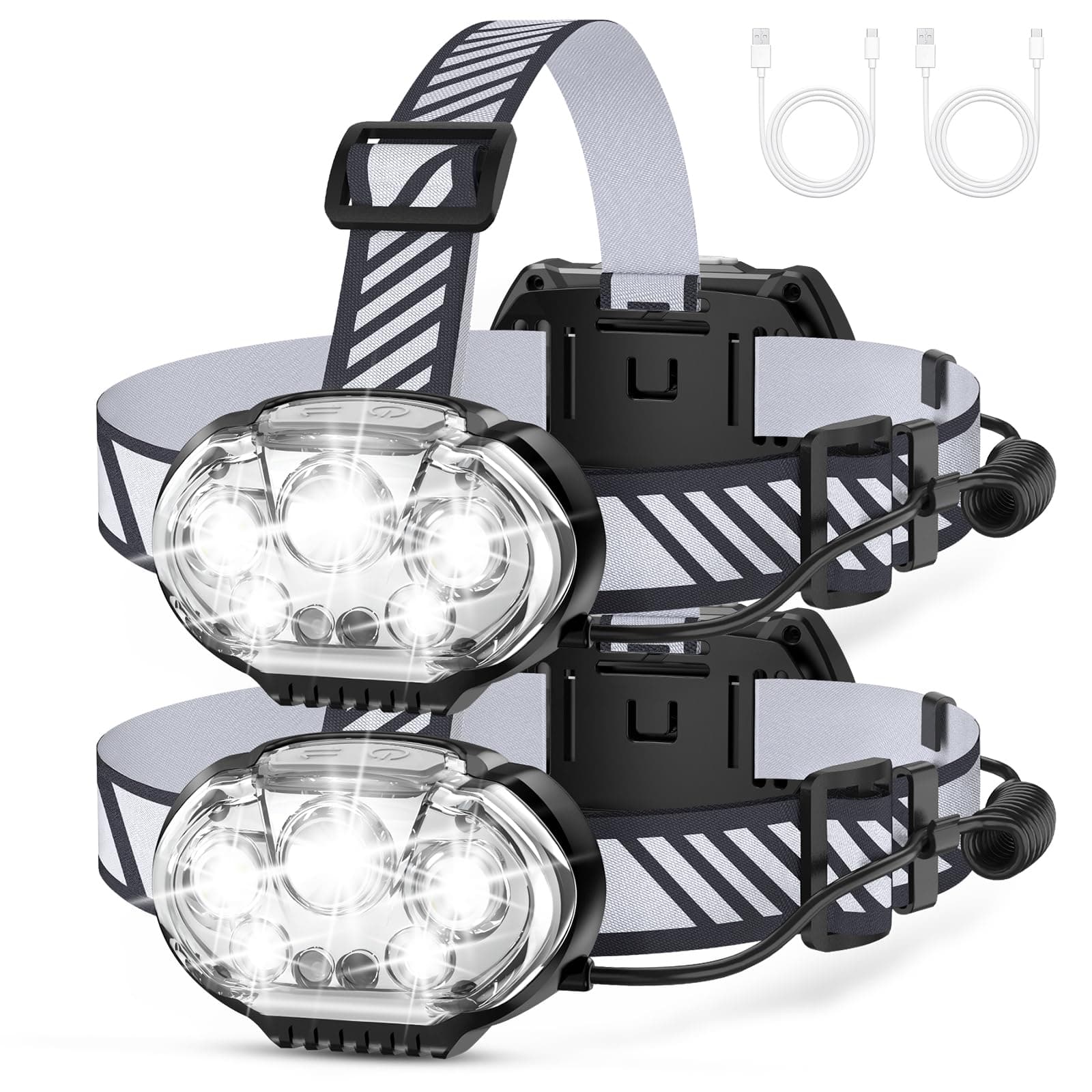 Rechargeable Headlamp, High Lumen 5 LED Head Lamp with Red White Light,IPX4 Waterproof Headlight,8 Mode Head Flashlight for Outdoor Running Hunting Fishing Hiking Camping Gear-2Pack