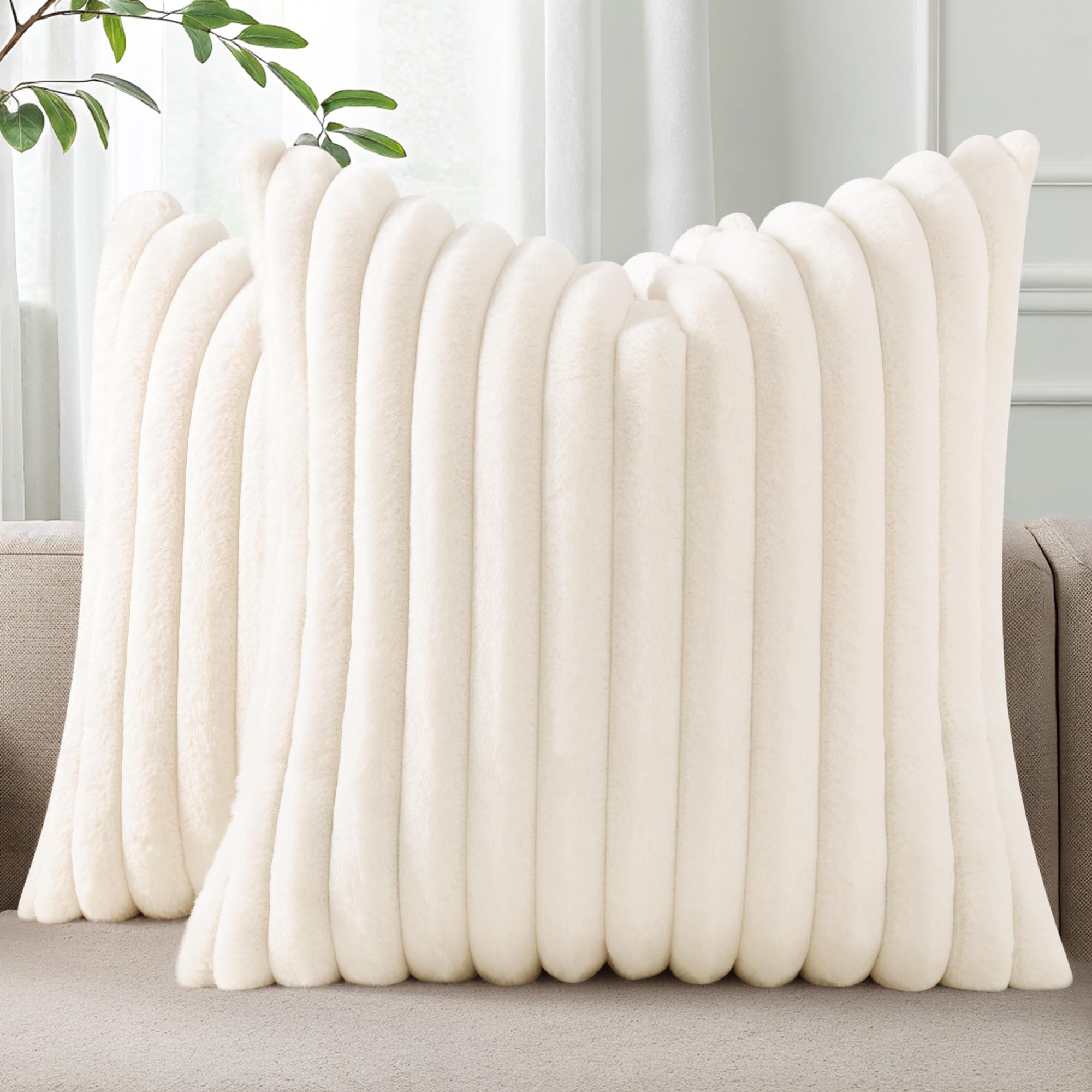 Pallene Faux Fur Plush Throw Pillow Covers 18x18 Set of 2 - Luxury Soft Fluffy Striped Decorative Pillow Covers for Sofa, Couch, Living Room - Cream White