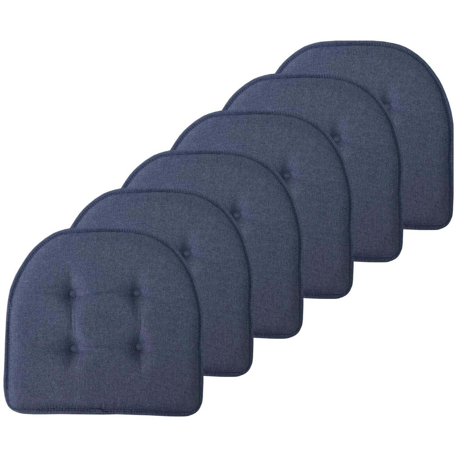 Sweet Home Collection Chair Cushion Memory Foam Pads Tufted Slip Non Skid Rubber Back U-Shaped 17" x 16" Seat Cover, 6 Count (Pack of 1), Denim Blue