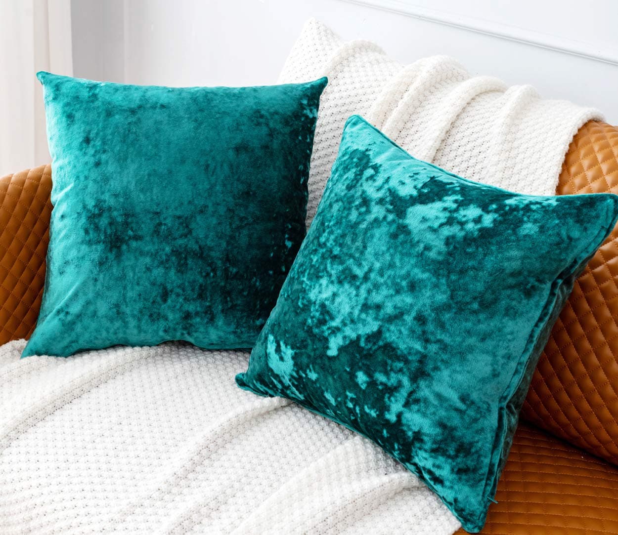 PANDATEX Luxury Crushed Velvet Teal Throw Pillow Covers Pack of 2 for Sofa Couch Chair, 20"x 20" Square Home Plush Decorative Pillowcases Cushion Cover for Bedroom Living Room Car