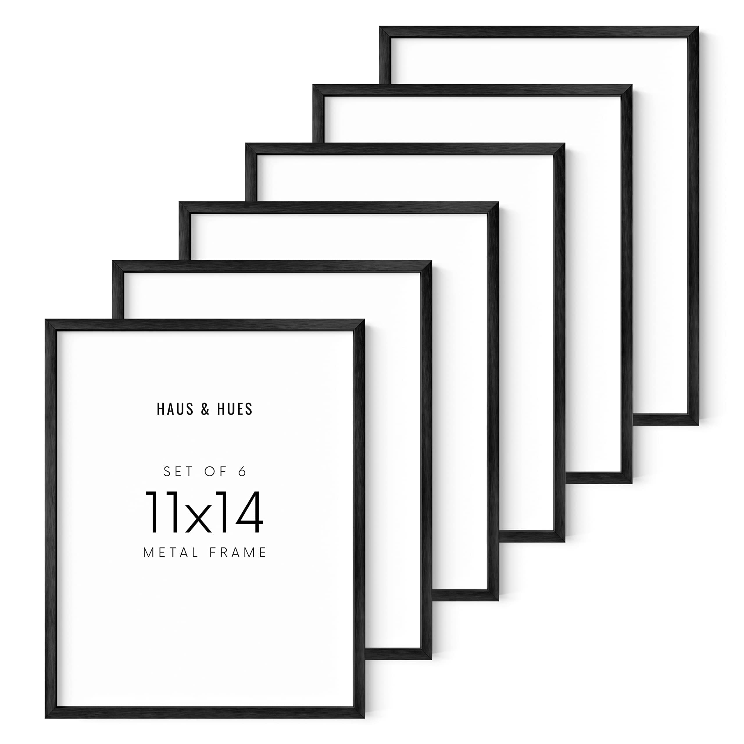 HAUS AND HUES Black Picture frames 11x14 - Set of 6, Gallery Wall Frame Set Pack 11 by 14, Metal 14x11 Poster Frame, Photo Frames 11x14, 11x14 Frame Pack of 6 (Black Aluminum Frames)