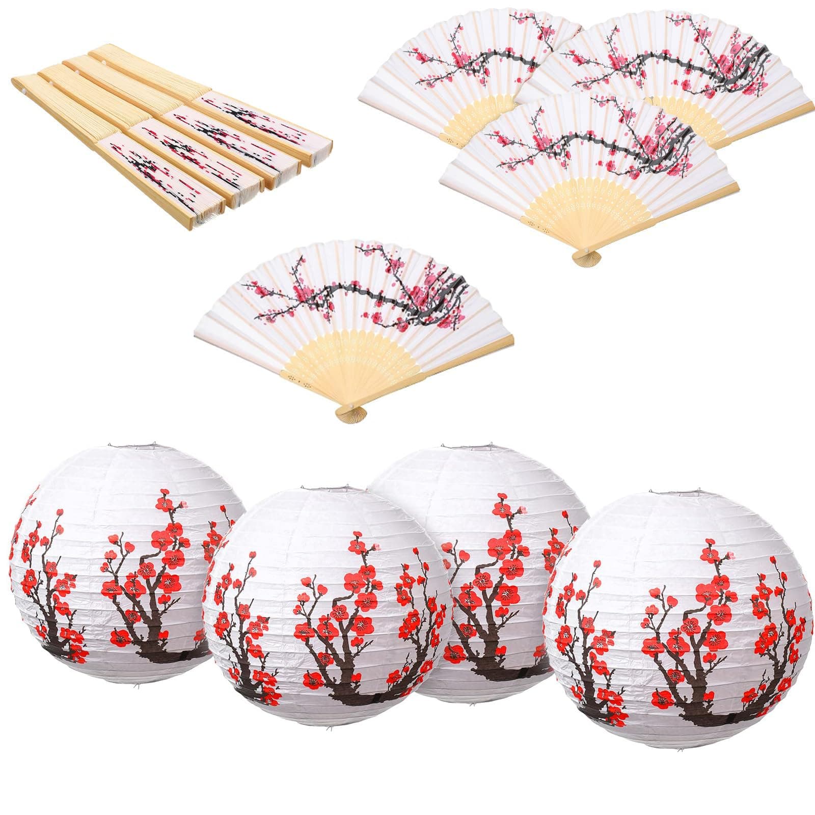 Cherry Blossom Paper Lanterns Folding Hand fan, 8 Pcs Cherry Blossom Decor Set, Including 4 Chinese Japanese Oiled Paper Lamp and 4 Handheld Silk Decorative Folding Fans for Wedding Party Favor