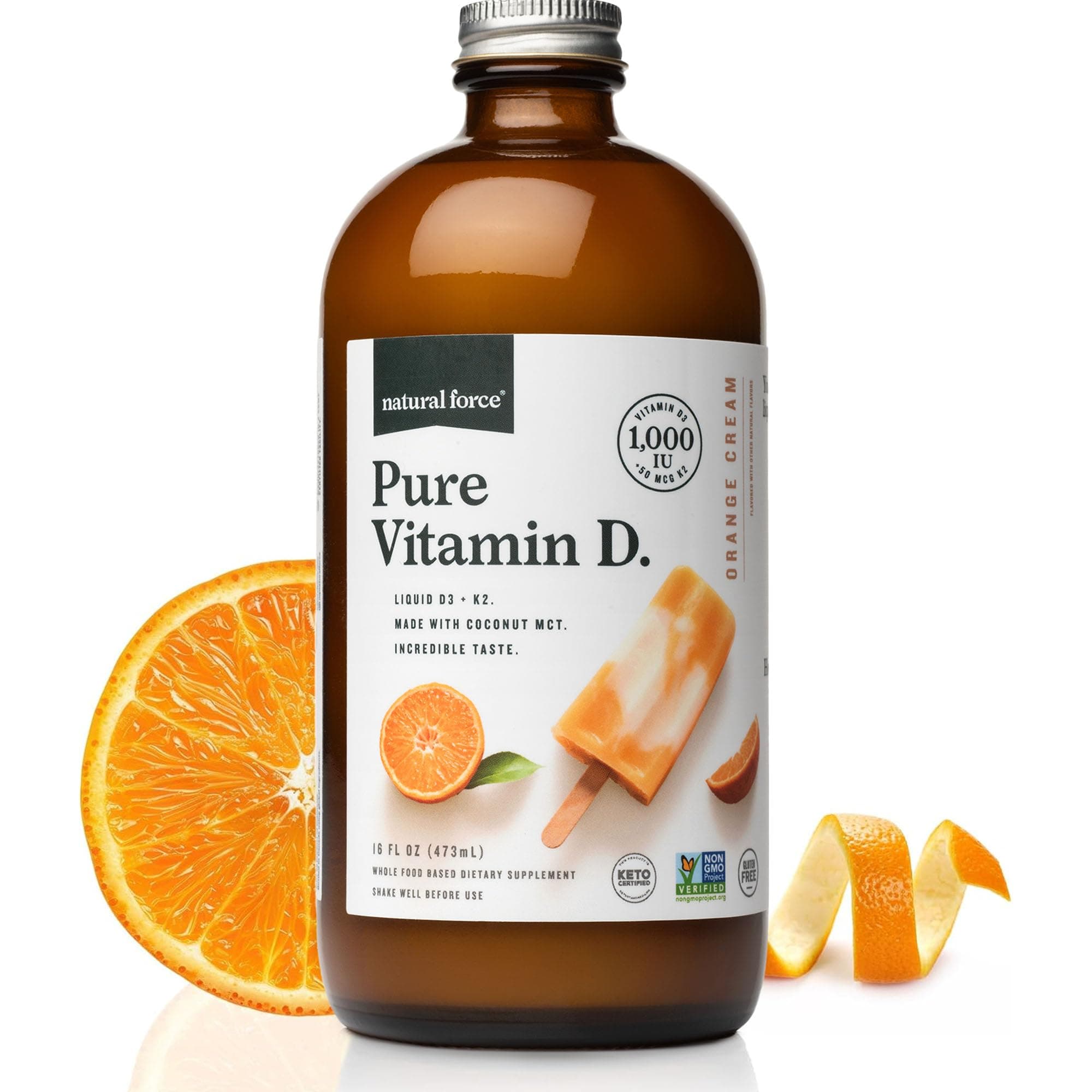 Pure Vitamin D – Liquid D3 & K2 with Coconut MCT –1,000 IU, Immunity & Nutrient Absorption Booster- Vegan - Orange Cream, 16 fl oz