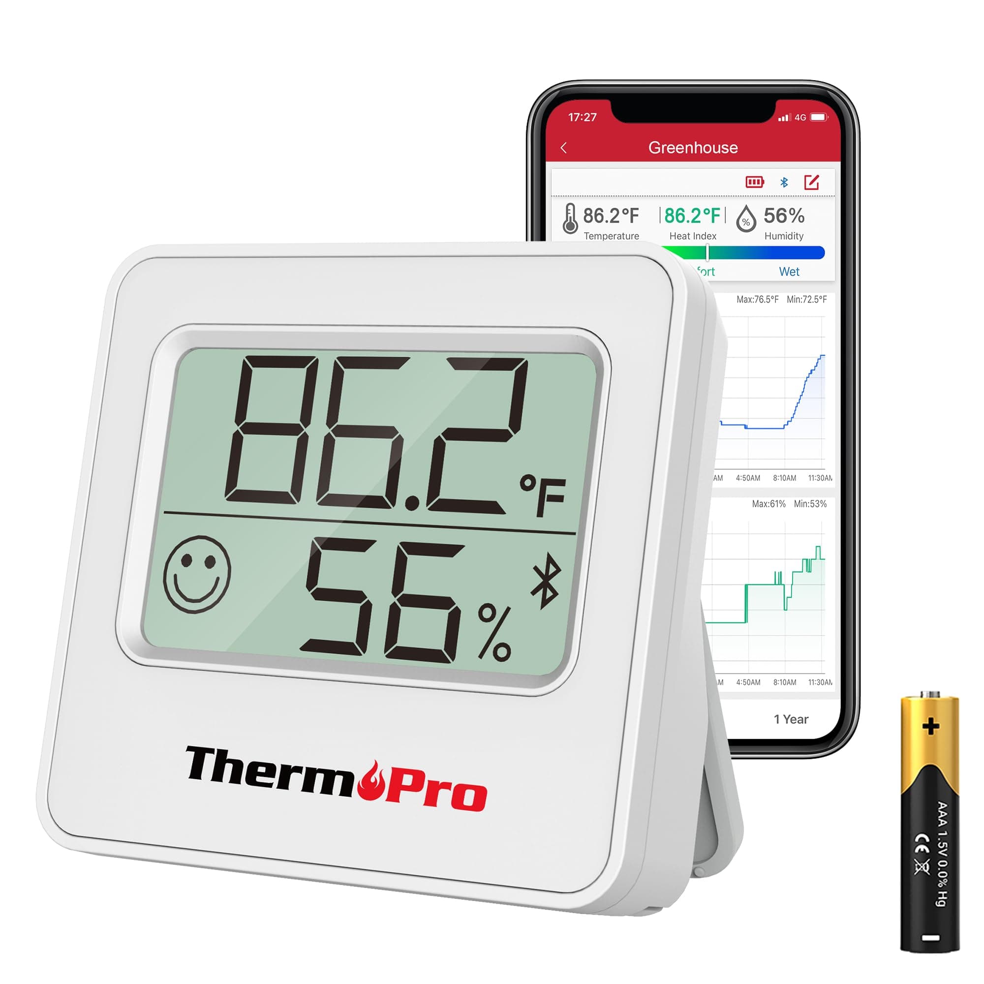 ThermoPro TP357 Digital Hygrometer Indoor Thermometer of 260FT, Bluetooth Thermometer Humidity Meter with Smart App, Room Thermometer Humidity Gauge with Temperature Humidity Sensor