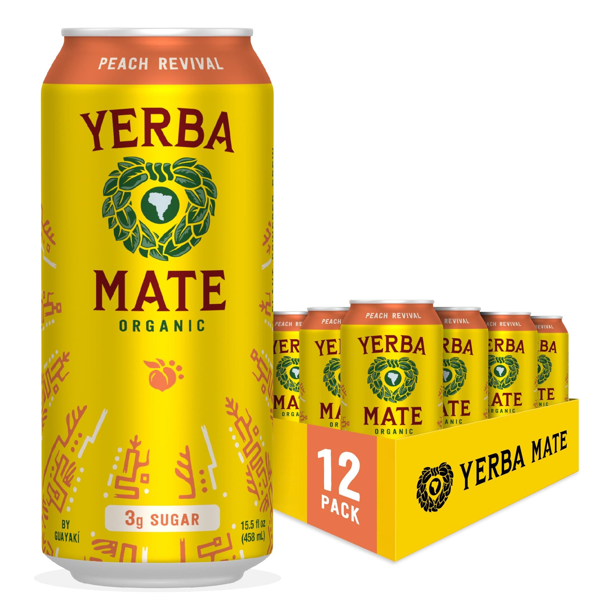 Guayaki Yerba Mate, Clean Energy Drink Alternative, Organic Peach Revival, 15.5oz (Pack of 12), 150mg Caffeine