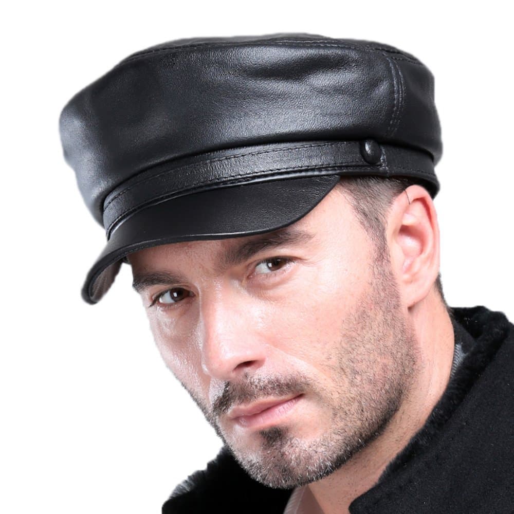 Mens Real Sheepskin Leather Beret Cap Golf Military Cadet Hat Newsboy Baseball Black XL