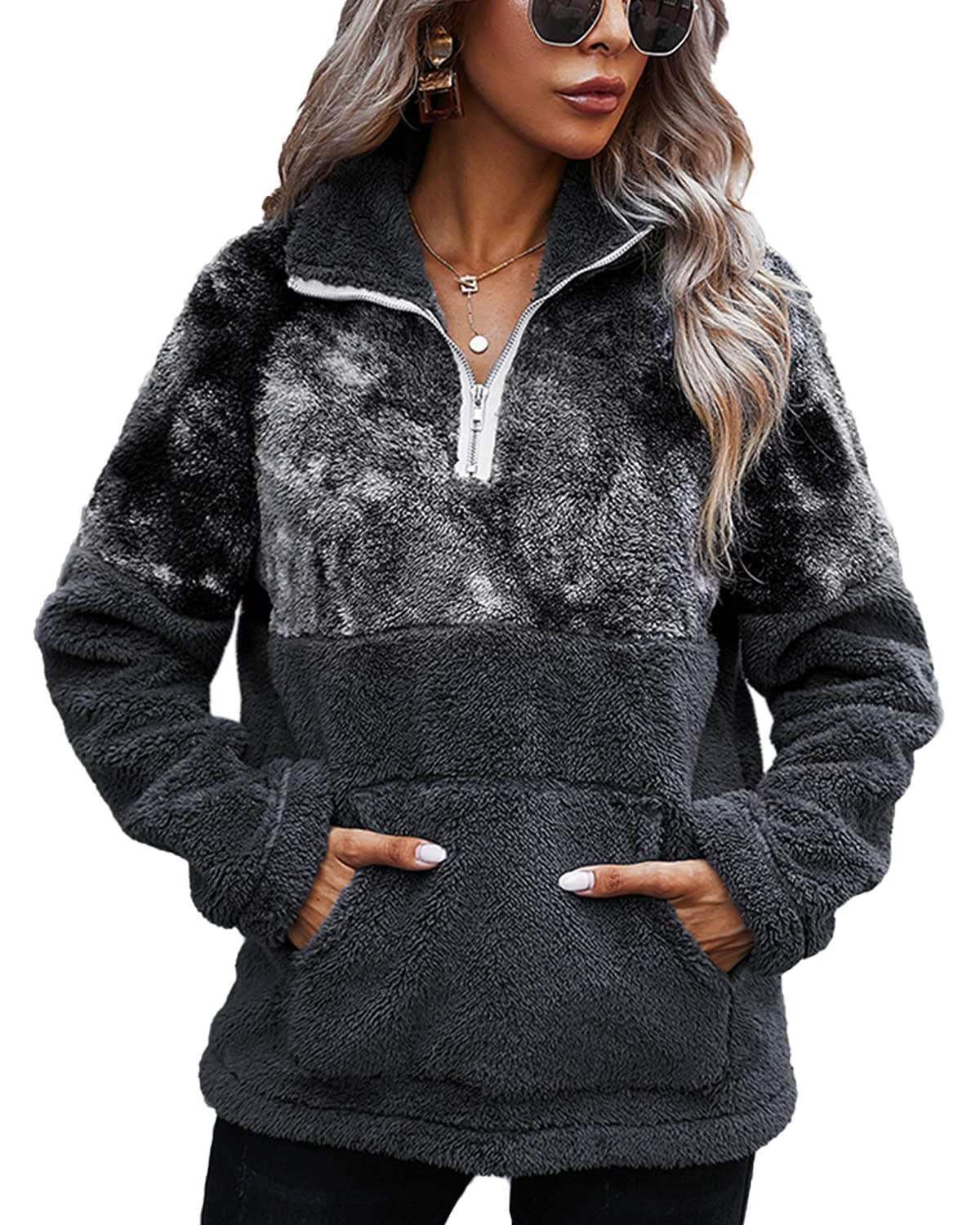 Women's Baggy Fluffy Pullover Hoodie with 1/4 Zipper and Drawstring for Winter Ladies Long Sleeves Sweatshirt Soft Tops Teddy Fleece