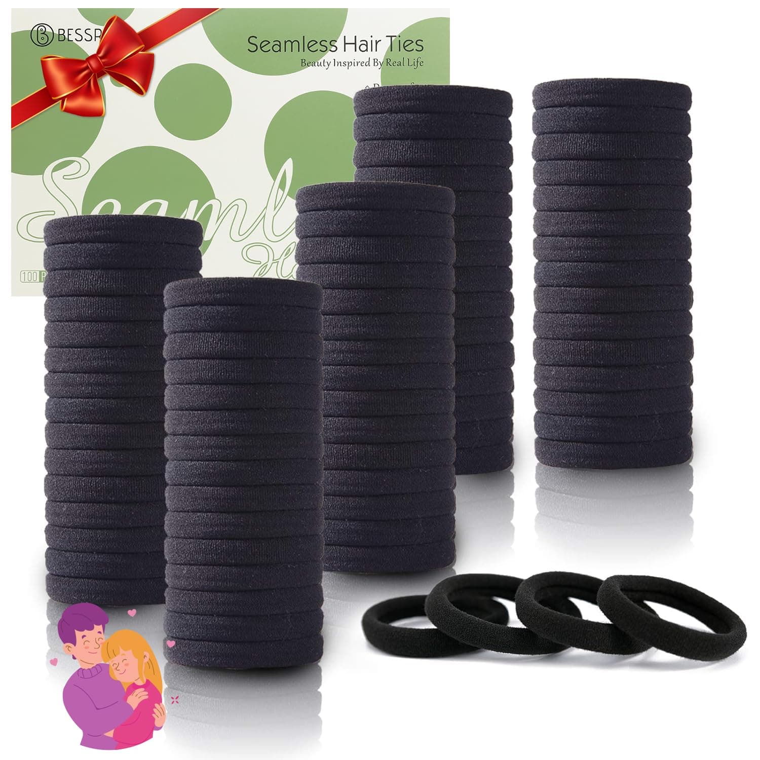 Bessrung Kkwx 100Pcs Black Hair Ties, Seamless Cotton Thick Black Hair Band, Elastic Hair Ties No Damage Ponytail Holder