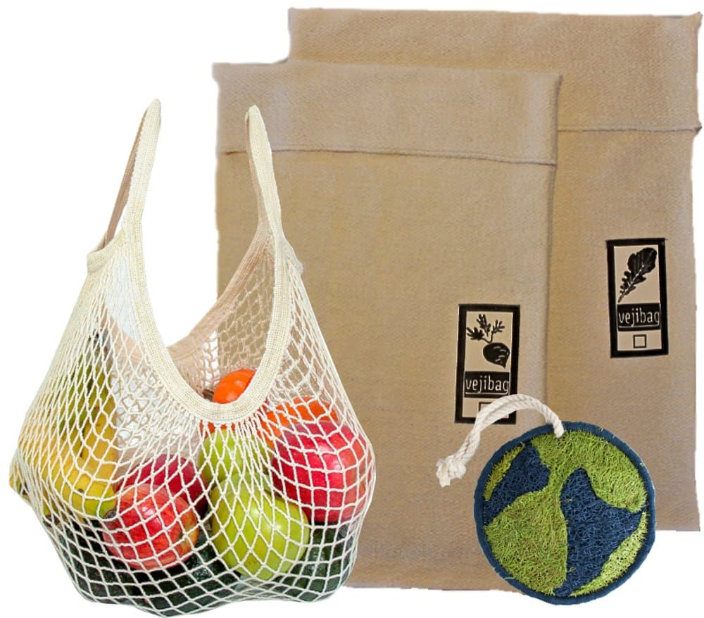 Vejibag Premium Reusable Produce Storage Bag Set with Eco-friendly Mesh Net Grocery Tote and Natural Cleaning Sponge