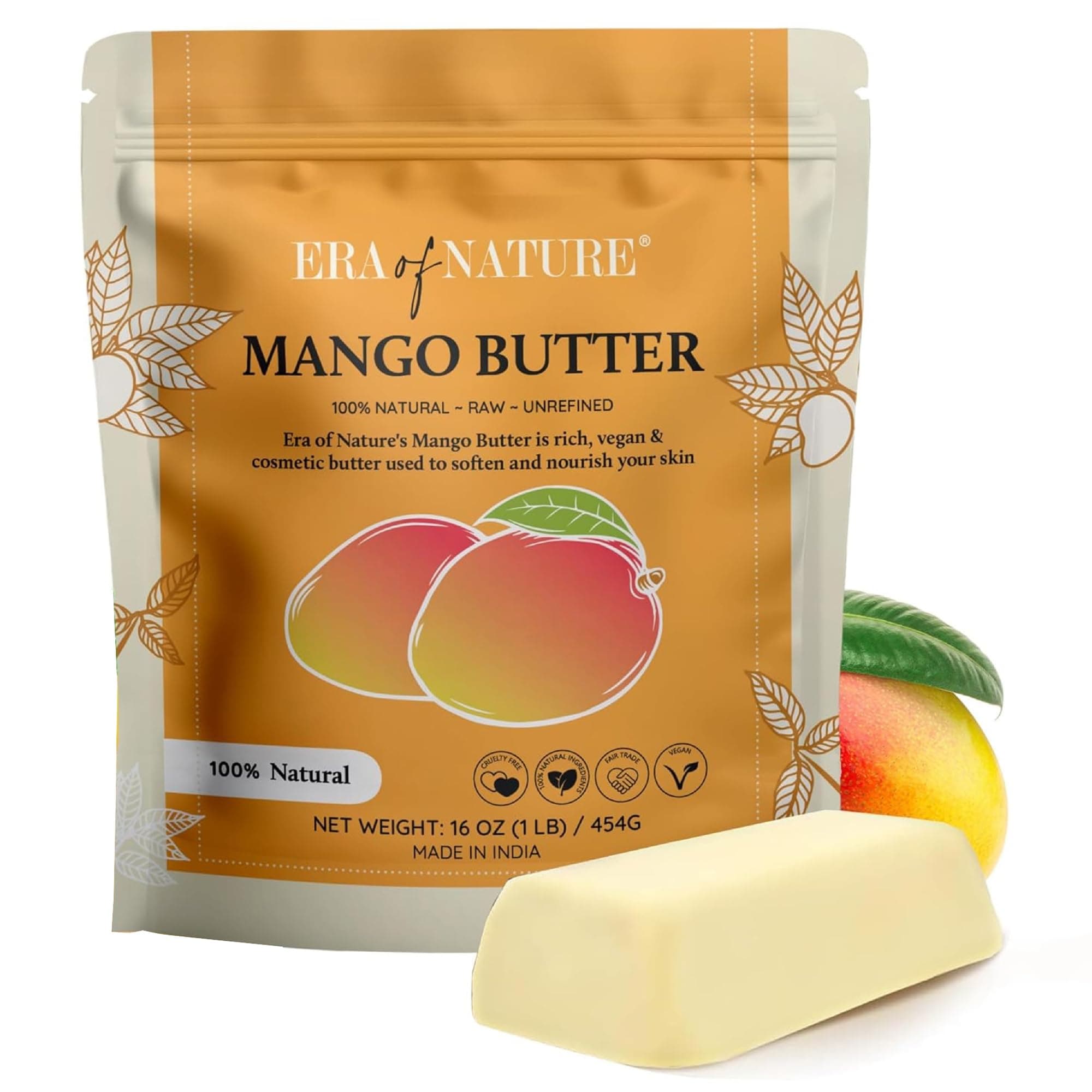 Raw, Unrefined Mango Butter Bar, 16 oz - Amazing Moisturizer, Use Alone or in DIY Body Butters, Soaps, Lotions and lip balm - Natural, Pure and Fresh (USA)