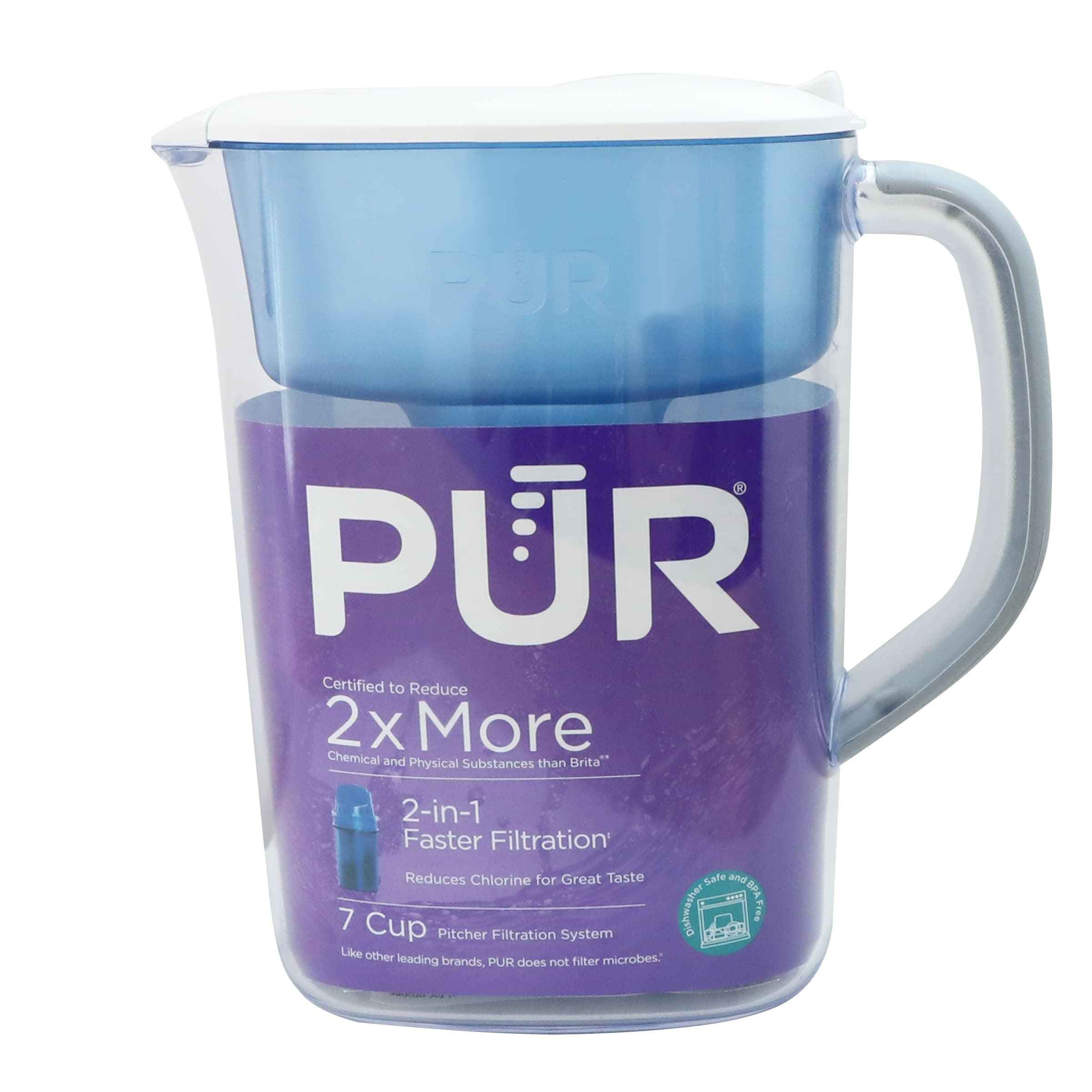 PUR 7-Cup Water Pitcher, 1 Genuine Filter, Cleaner, Great-tasting Water, Dishwasher Safe, Powerful, Faster Filtration, LockFit Cap Design - White