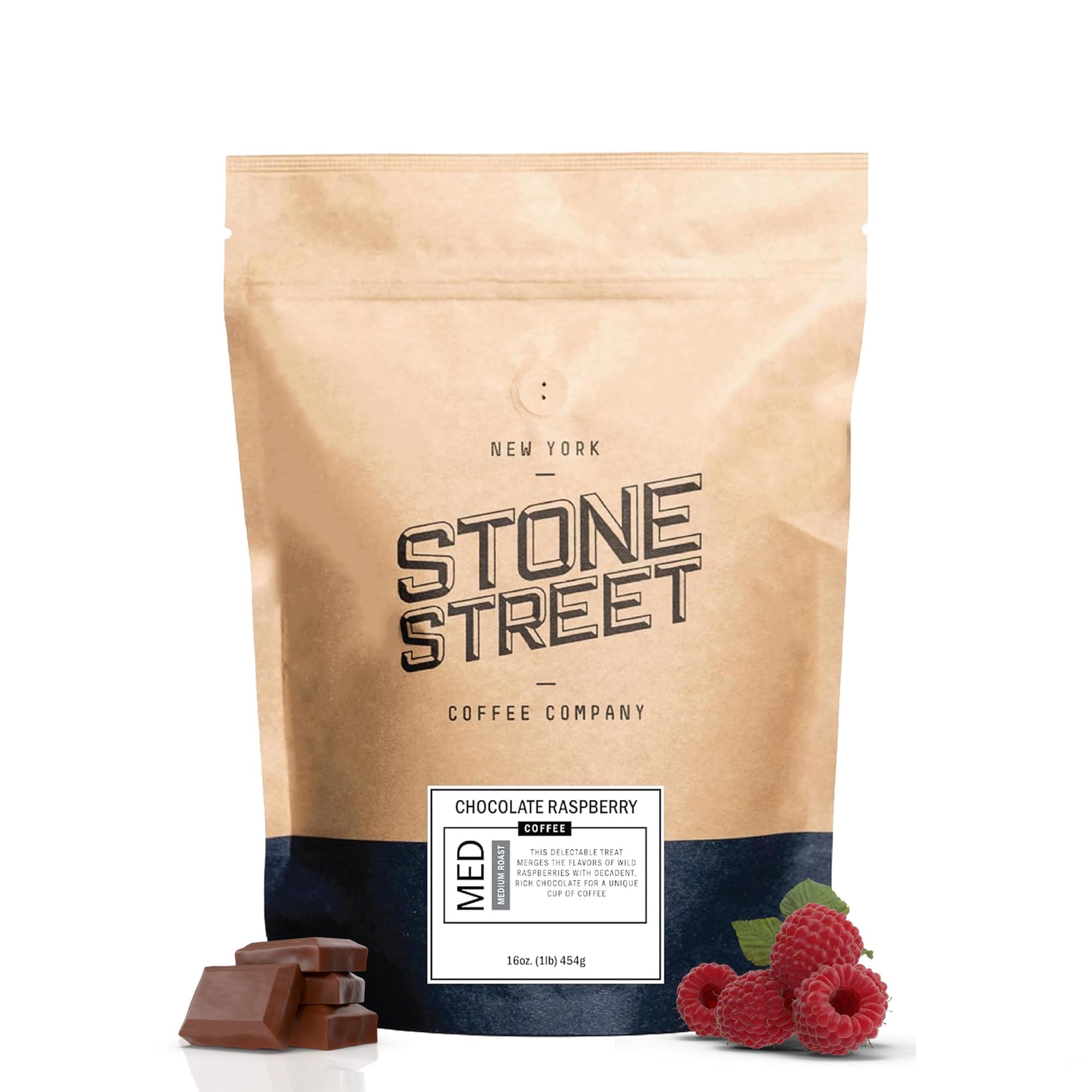 Stone Street Flavored Ground Coffee, Chocolate Raspberry, Freshly Roasted, 100% Colombian Arabica, Gourmet Coffee, Medium Roast, Chocolately Berry Flavor, 1 LB