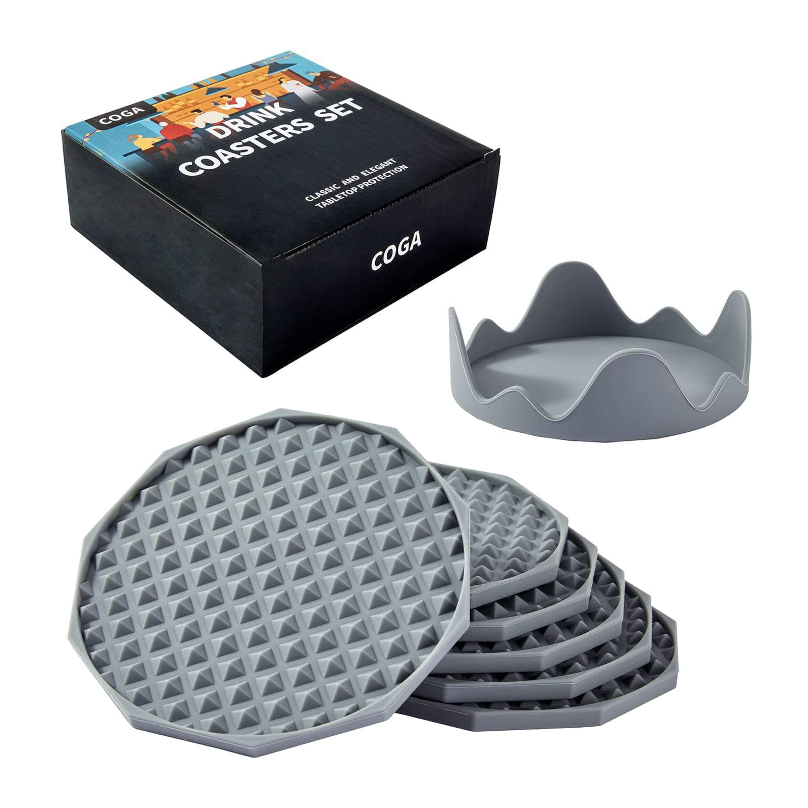 Coga Drink Coasters Set of 6 with Holder, Silicone Coasters Tabletop Protection for Any Table Type, Wood, Stone Tables, Dishwasher Safe, Coasters for Drinks Fits Any Size of Drinking Glasses-Grey