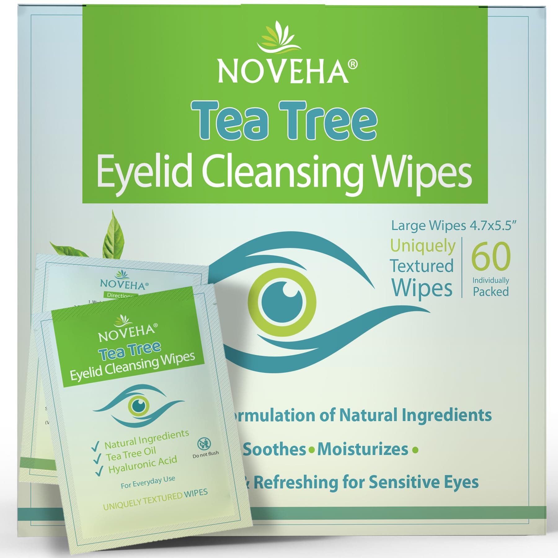 Tea Tree Oil Eyelid & Lash Wipes | With Hyaluronic Acid, Green Tea & Chamomile For Blepharitis & Itchy Eyes, Box Of 60 Individually Wrapped Eyelash Wipes, Natural Makeup Remover & Daily Cleanser