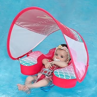 Swimbobo Baby Floats for Pool with Canopy Non Inflatable Soft Skin-Friendly Fabric Material Infant Swim Float for Boys and Girls Pool Toys (Red Mermaid)