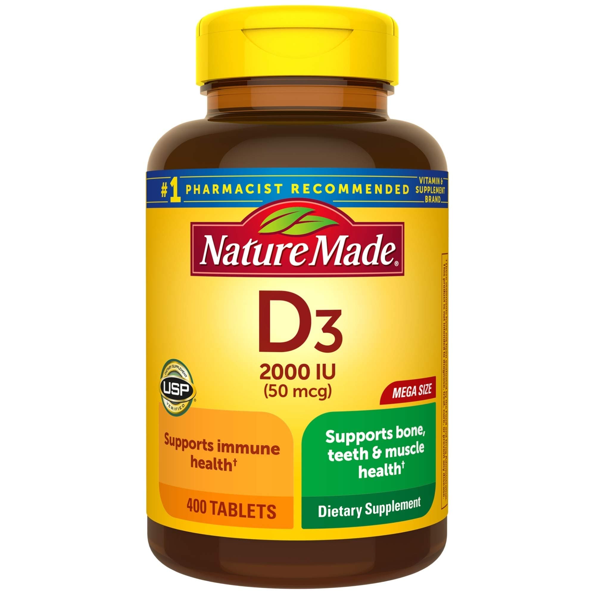 Nature MadeVitamin D3, 400 Tablets Mega Size, Vitamin D 2000 IU (50 mcg) Helps Support Immune Health, Strong Bones and Teeth, & Muscle Function, 250% of Daily Value for Vitamin D in One Daily Tablet