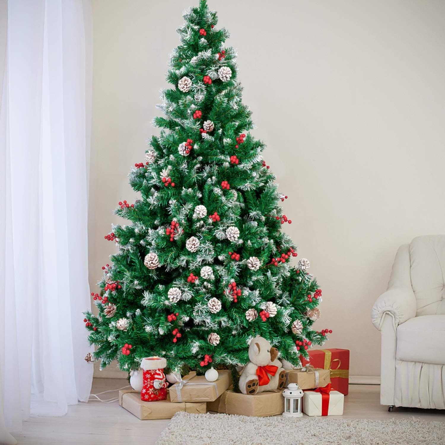 Scurrty 7 ft Artificial Christmas Tree Pine Cone Christmas Tree w/Folding Metal Christmas Tree Stand, Xmas Pine Tree for Indoor Outdoor Holiday Decoration (7ft Pinecone Berry)