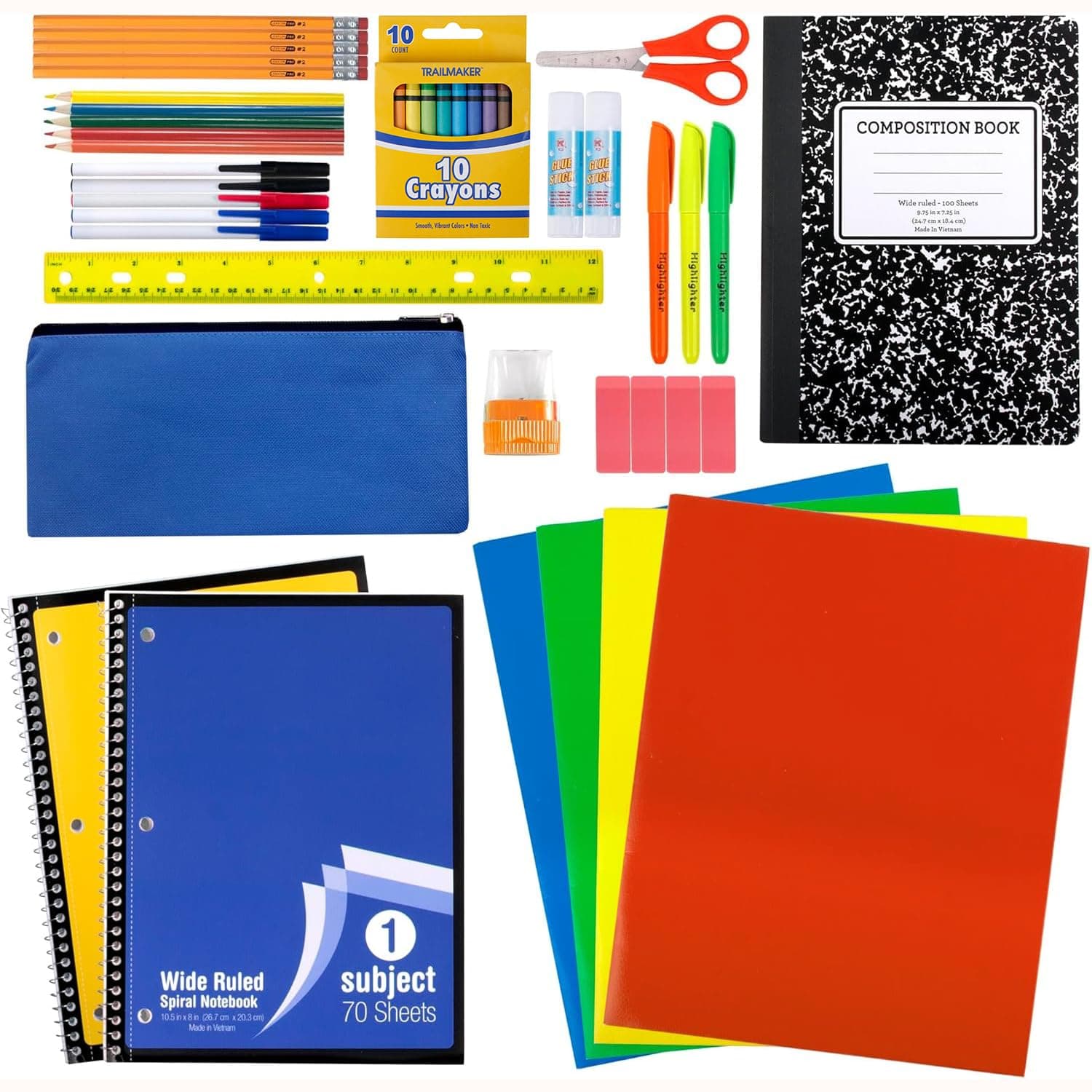 Trail maker School Supplies Kit 45 Piece School Supply Kit Grades K-12 – Back to School Essentials Includes Folders Notebooks Pencils Pens and Much More!