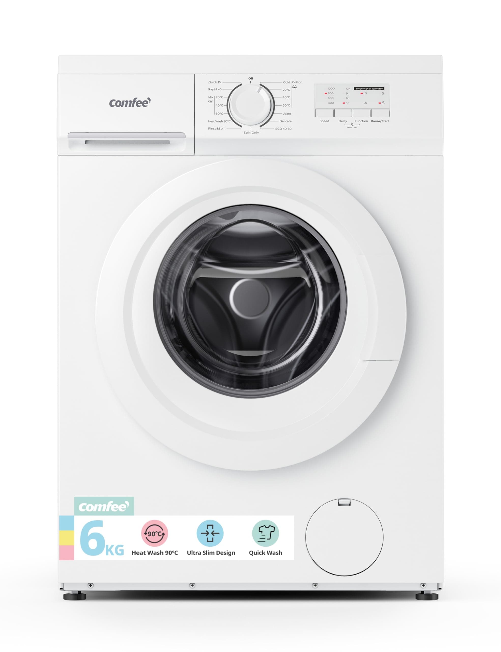 Comfee CFE10EW60/W Freestanding Washing Machine,6KG Load,Heat Wash 90℃,Quick Wash,15 Washing Programs,White