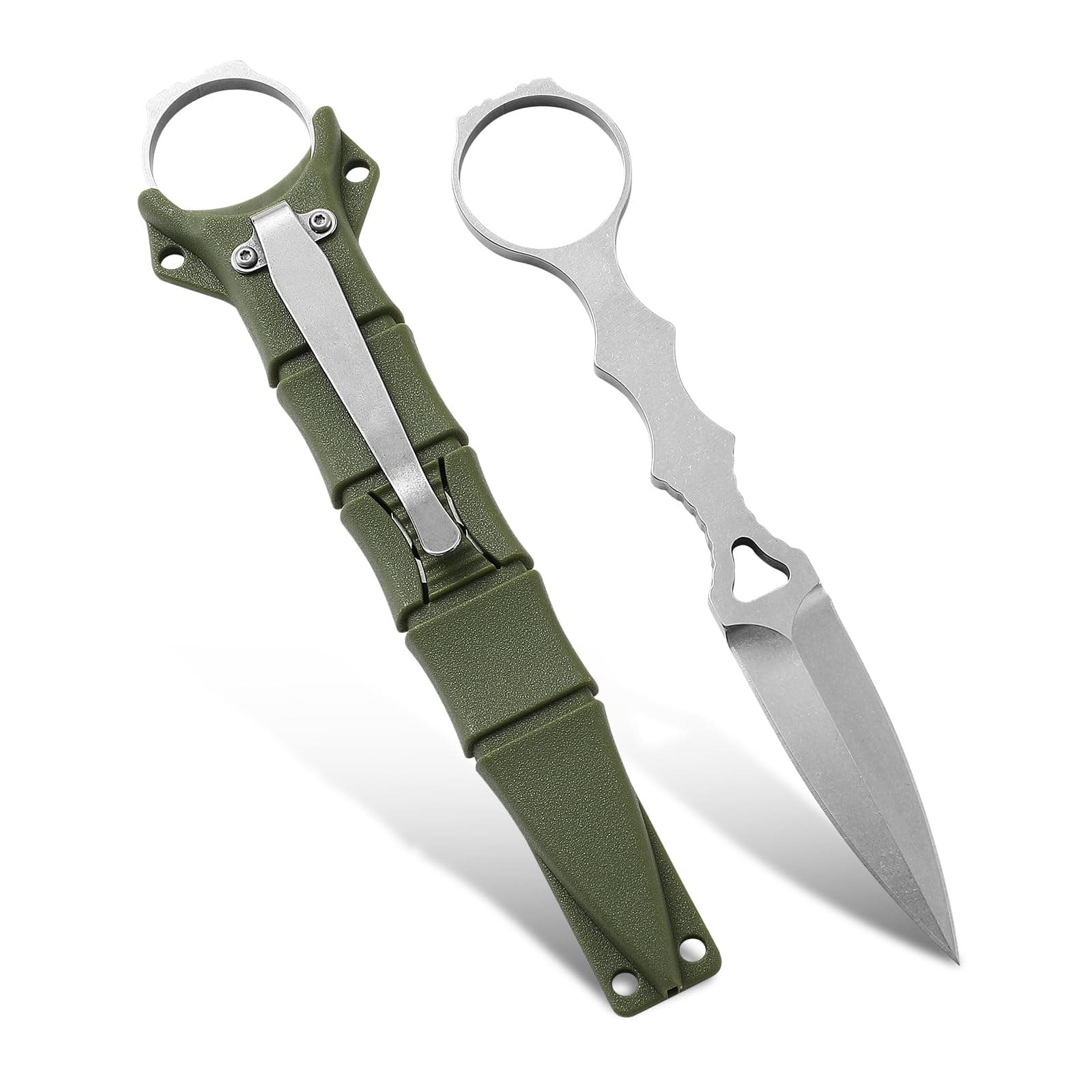 SCOP Fixed Blade Dagger with Green Kydex Sheath, Camping Self Defense EDC Knife.
