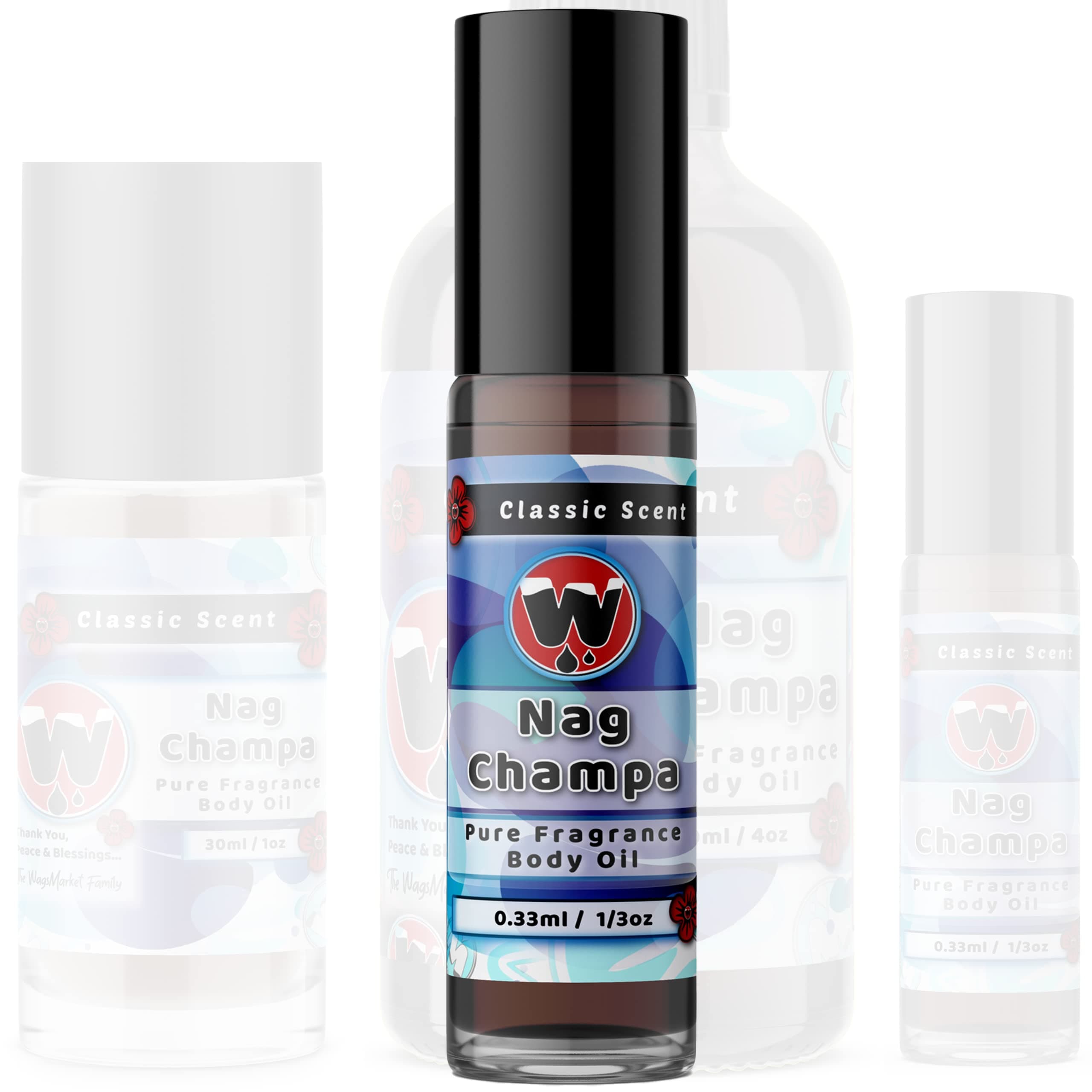 WagsMarket - Nag Champa Perfume Oil, from 0.33oz Roll On to 4oz Glass Bottle (0.33oz Roll On)