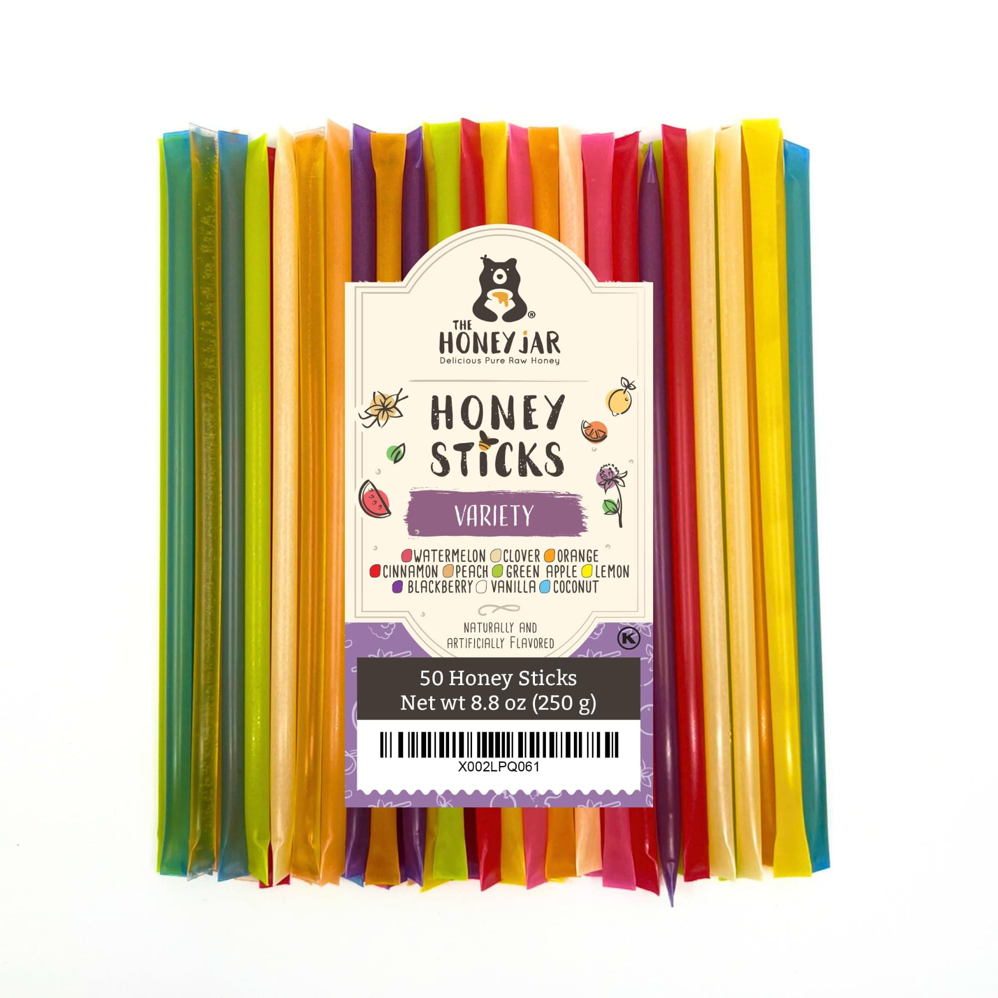 The Honey Jar Variety Pack Raw Honey Sticks - Pure Honey Straws For Tea, Coffee, or a Healthy Treat - One Teaspoon of Flavored Honey Per Stick - Made In The USA with Real Honey - (50 Count)