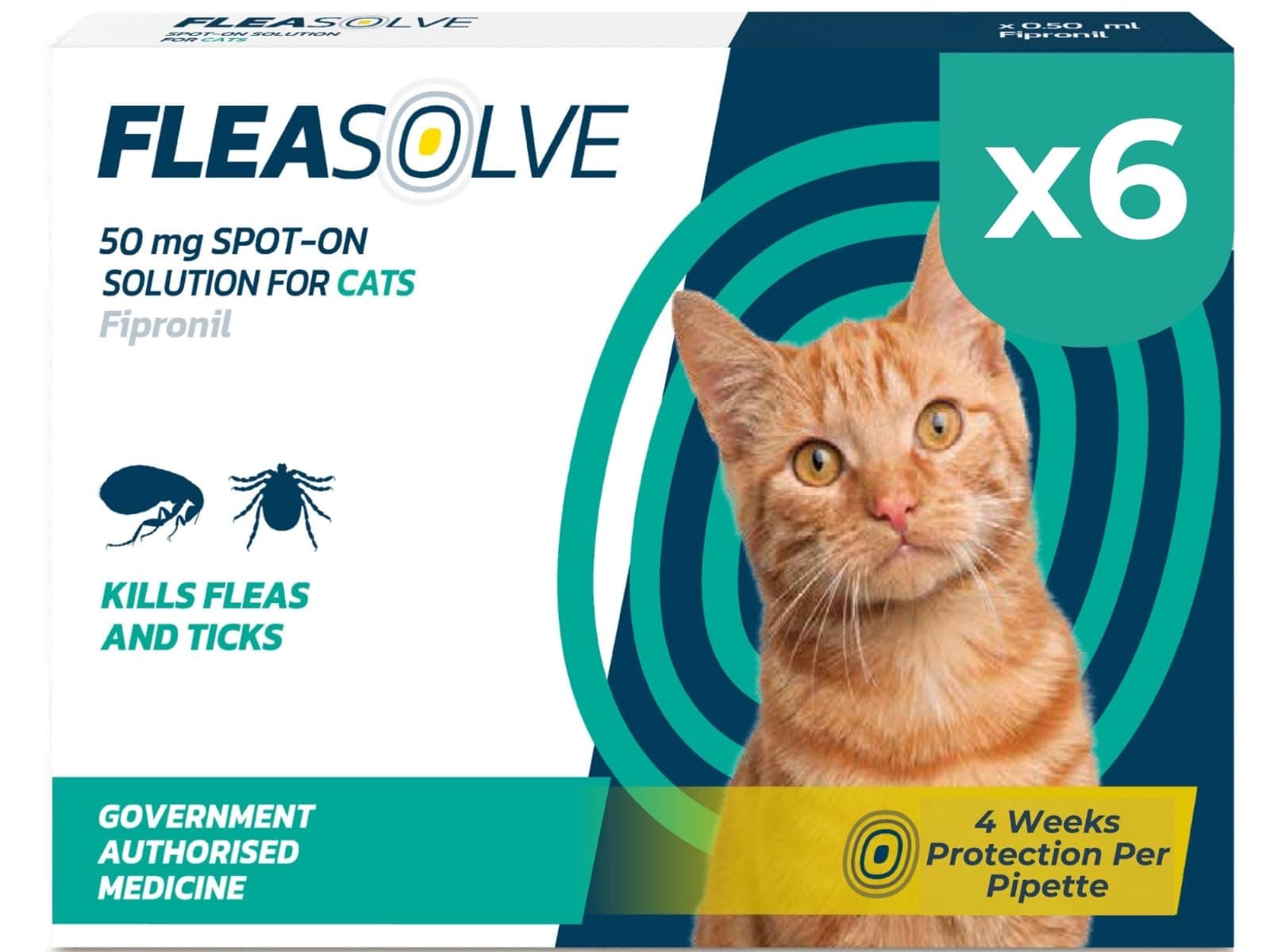 Cat Flea Treatment Spot On x 6 - Flea Treatment Cat Spot On for Cats & Kittens Over 1kg - 6 Pipettes, 6 Doses - Fast-Acting FleaSolve Solution