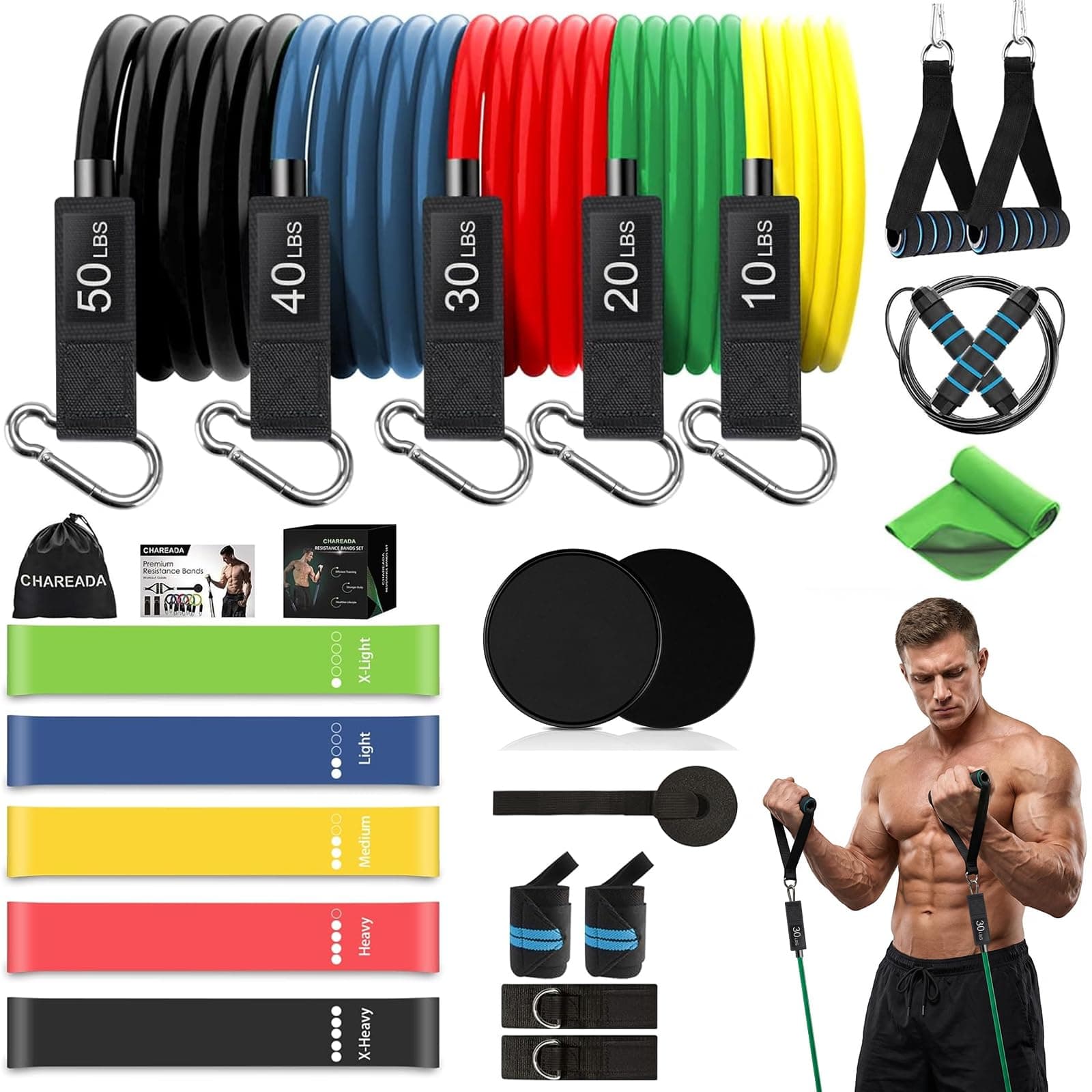 23 Pack Resistance Bands Set Workout Bands, 5 Stackable Exercise Bands 5 Loop Resistance Bands 2 Core Sliders, Door Anchor Handles Ankle Straps Carry Bag Instant Cooling Towel Wrist Wraps