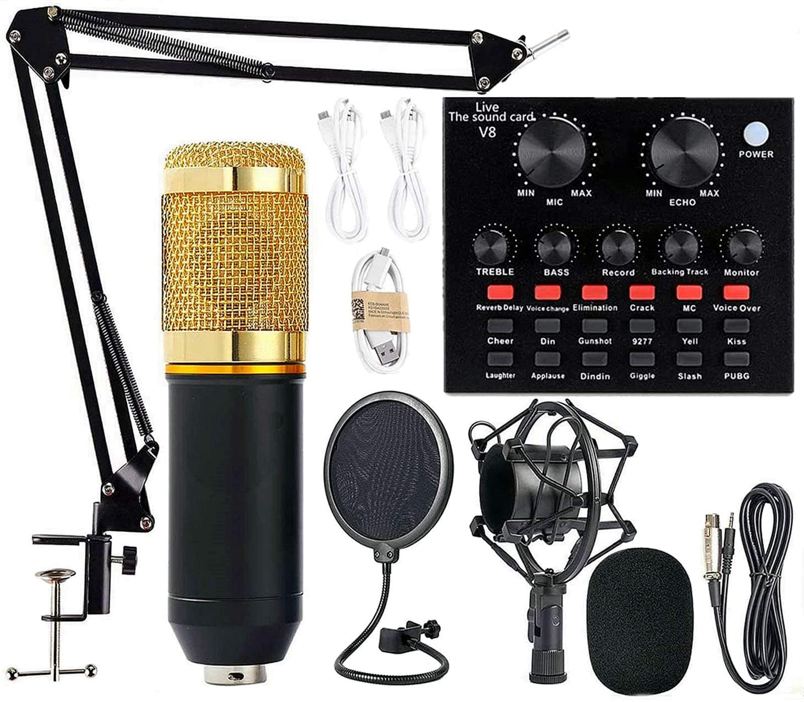 BM-800 Podcast Condenser Microphone Bundle with v8 Sound Card/Condenser Studio Microphone for Laptop Computer Vlog Living Broadcast Live Streaming YouTube TikTok Gamer (Black/Gold), Bluetooth