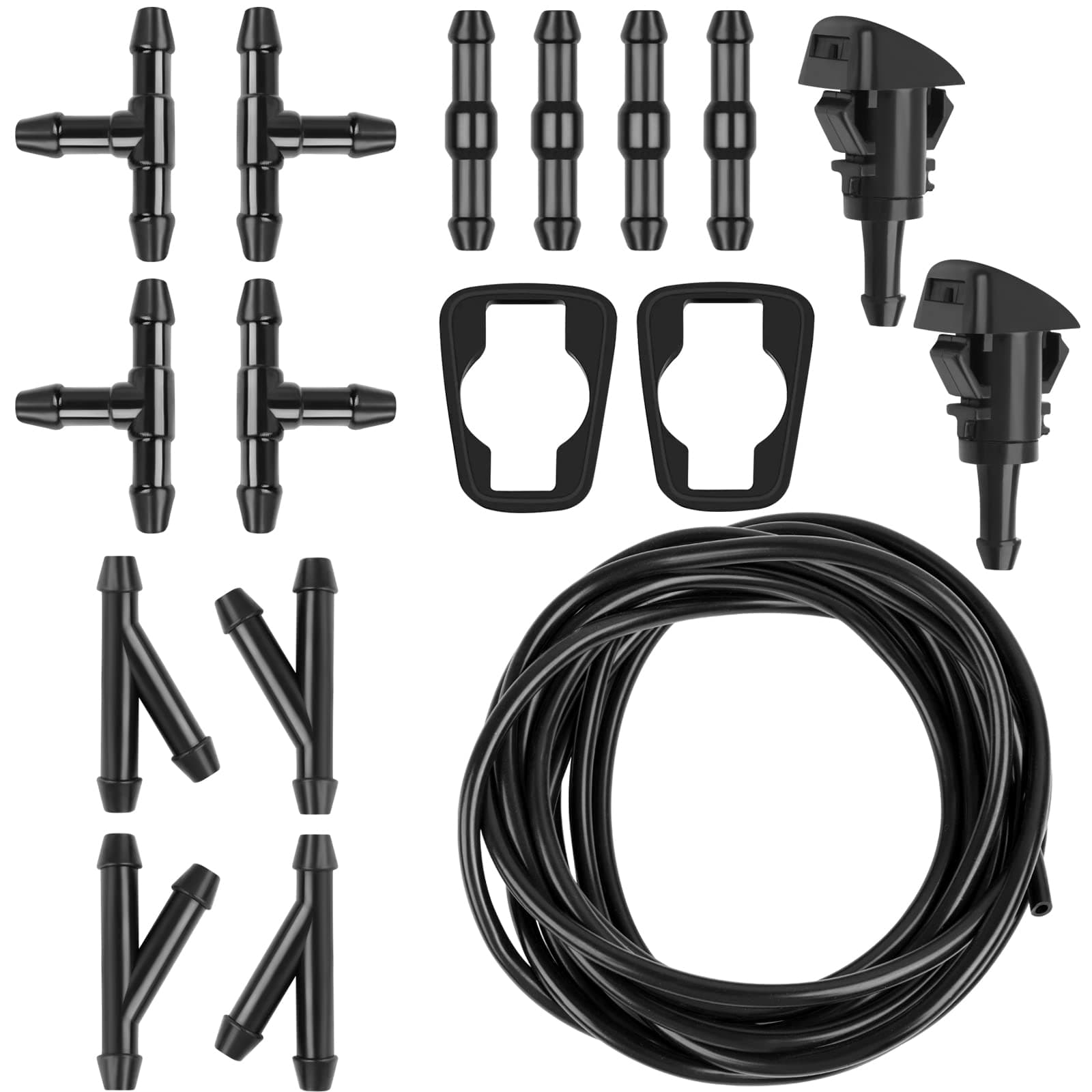 Windshield Washer Hose Kit, 5M Hose +12 Connectors +2 Fan Nozzles+ 2 Rubber Gaskets, Windshield Washer Hose Connect Car Water Pump and Nozzles, Windshield Washer Nozzle Suitable