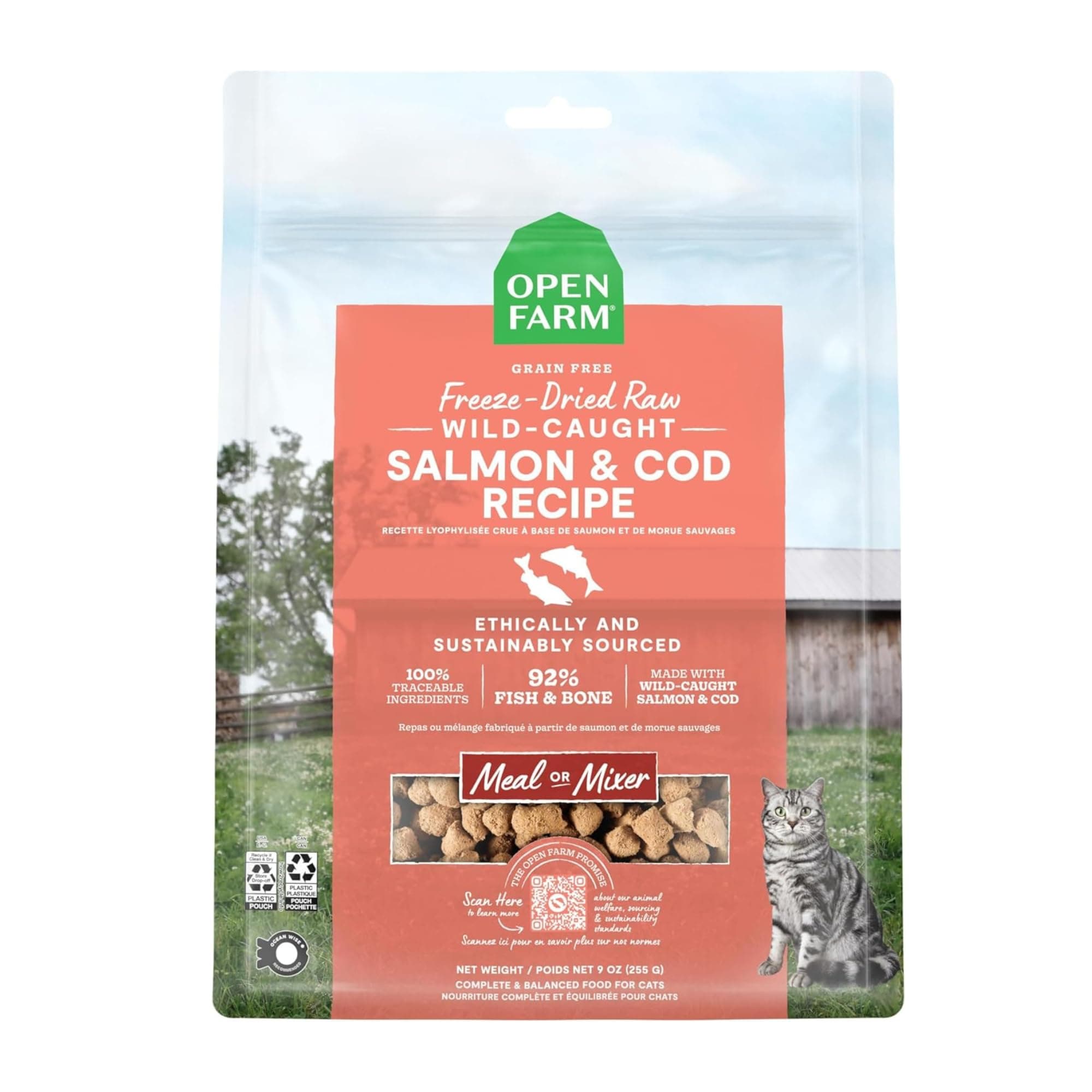 Open Farm, Freeze Dried Raw Cat Food, Complete Meal Morsels or Cat Treats with 92% Meat, Organs & Bone, Wild-Caught Salmon & Cod Recipe, 9oz Bag