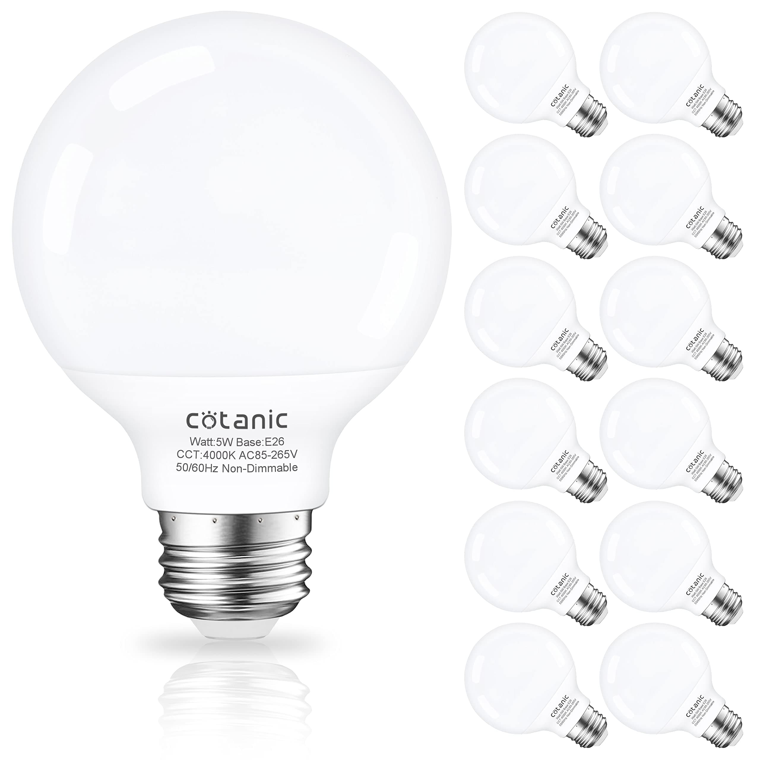 Cotanic G25 LED Globe Light Bulbs,E26 Standard Base,5W,60 Watt Incandescent Equivalent,500LM,Non-Dimmable, 12 Pack Vanity Light Bulb for Bathroom 4000K Daylight