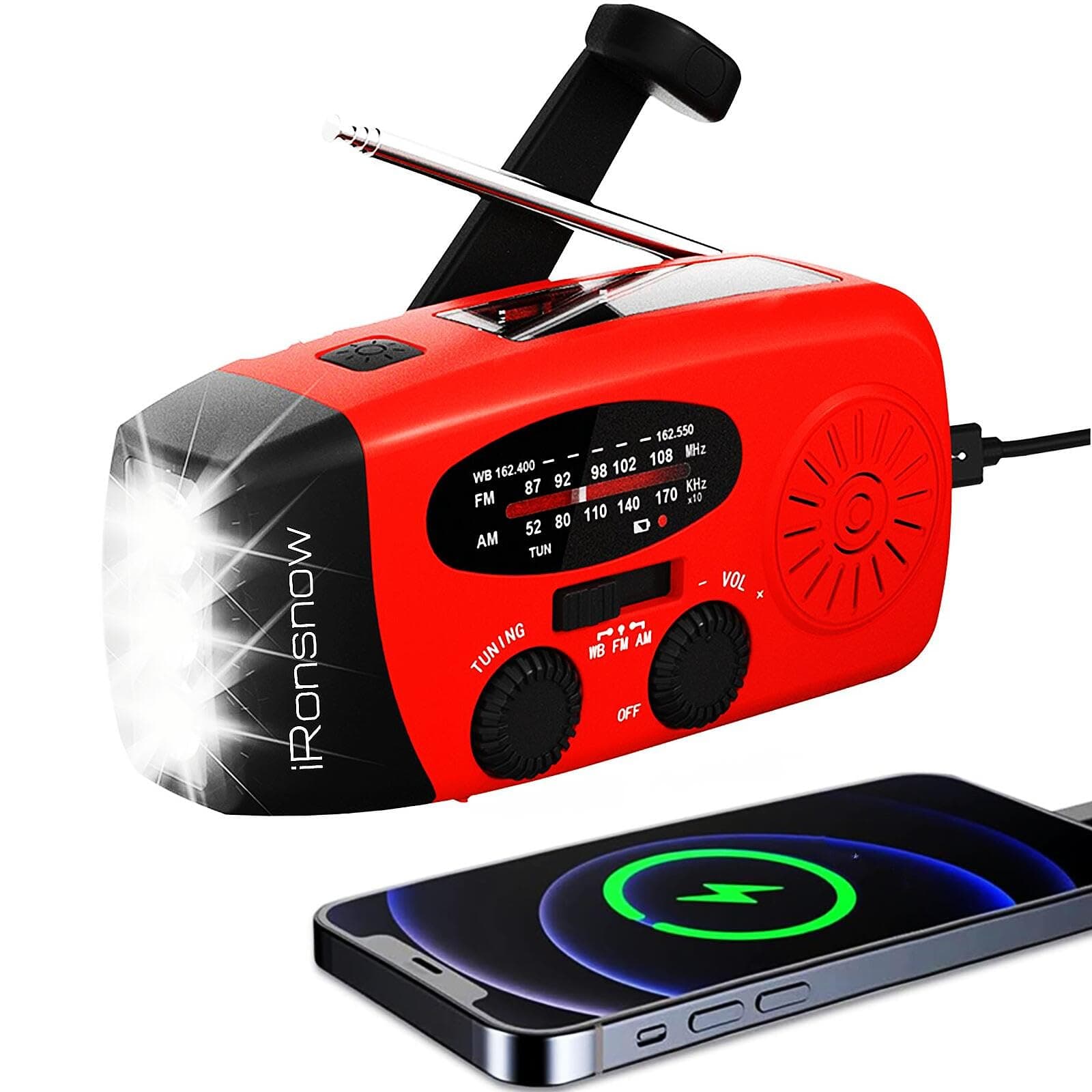 Solar Emergency Hand Crank Weather Radio, Portable Self Powered NOAA AM/FM Radios with SOS Alarm LED Flashlight 2000mAh Smart Phone USB Charger for Camping (Red)