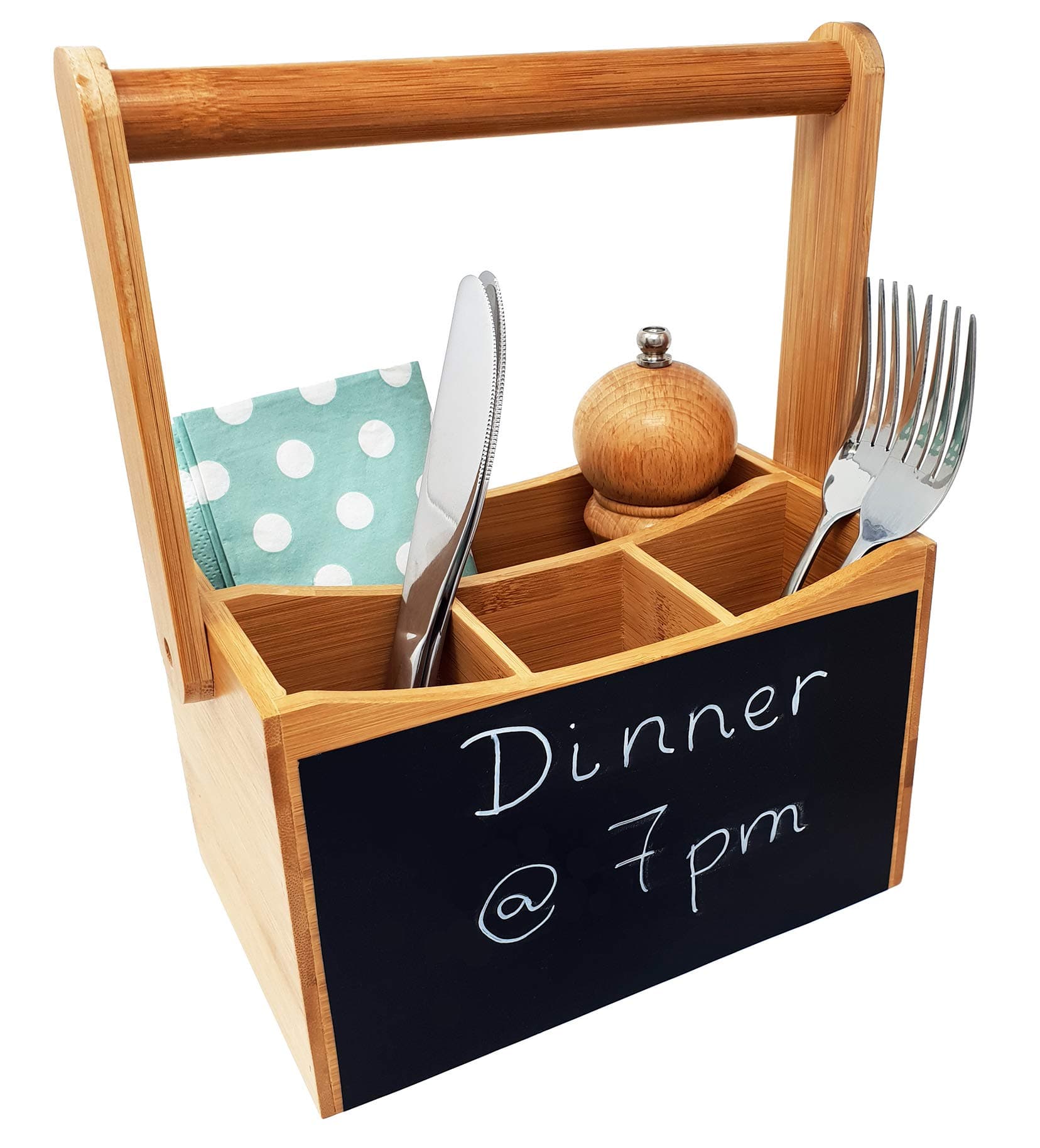 Cutlery Caddy/Utensil Holder | 4 Compartments for Cutlery & Condiments Organiser | Carry Handle with Chalk Board | Perfect for Home/Restaurant/BBQ | Ideal Present