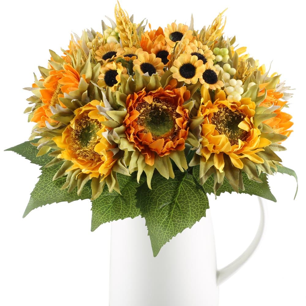 2 Bundles Artificial Sunflowers Bundle Silk Plants Faux Wedding Bride Bouquet Indoor Outdoor Fall Flower Table Centerpieces Arrangements Decorations