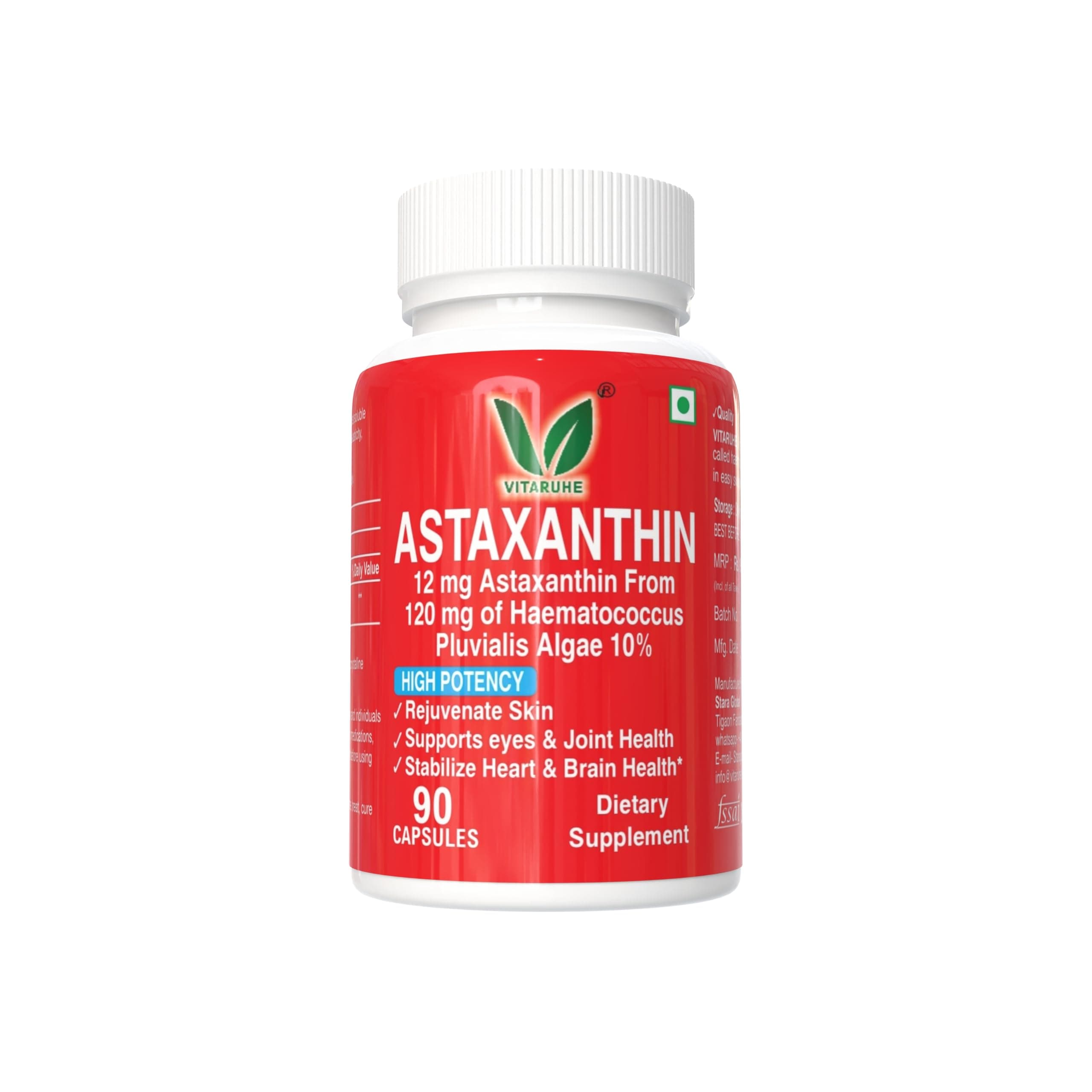 VITARUHE® Astaxanthin Supplement High Dose & Vegan, 12 mg Natural Astaxanthin Powder from Blood Rain Algae, 90 Capsules for 3 Months, No Additives