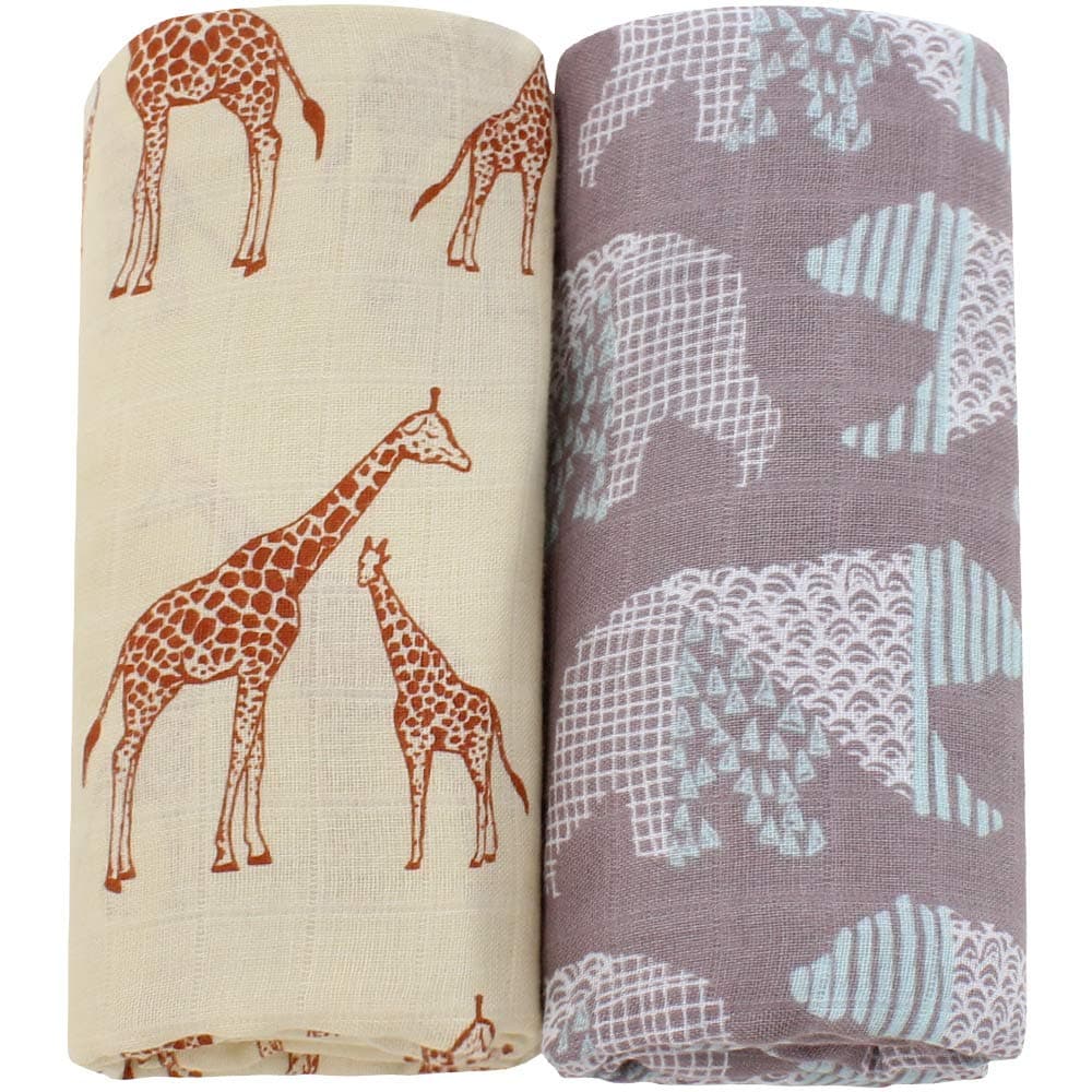 LifeTree Bamboo Soft Muslin Cloths - (2 Pack,Giraffe & Bear) Cotton Muslin Swaddle Blankets for Girls or Boys - Large Muslin Squares Baby Shower Gifts