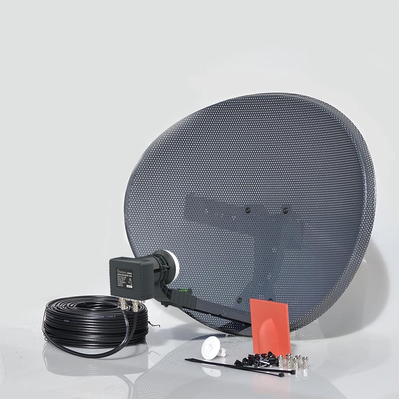 SSL Satellites Freesat HDR Satellite Dish DIY Self Installation Kit, Latest Dish with Quad LNB, Twin Black Coax Cable, All necessary Brackets, Bolts and SATELLITE FINDER (5 Meter Kit, Black)