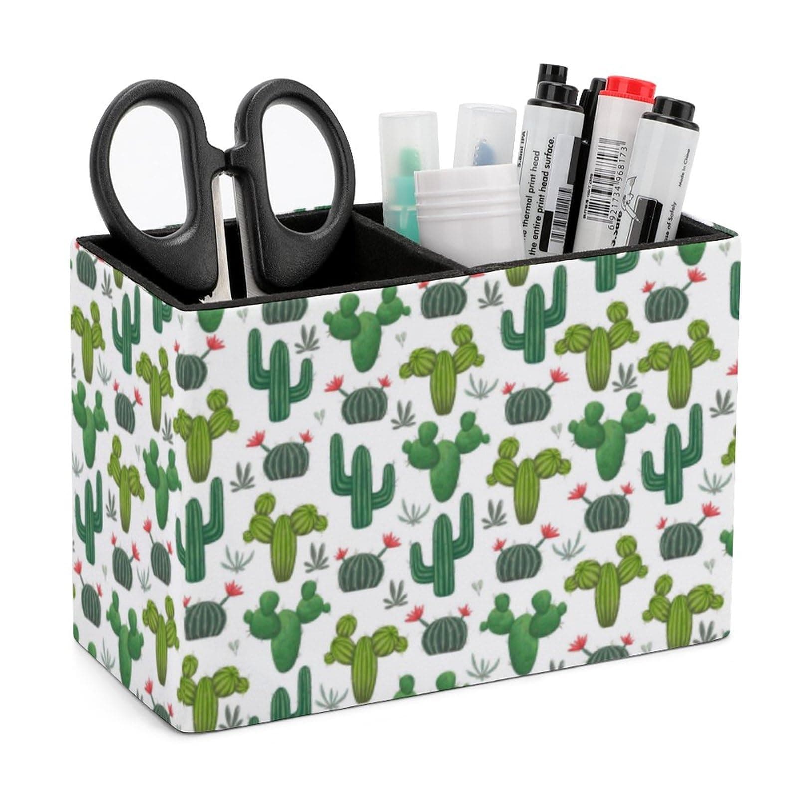 Quteprint Pen Holder, Pencil Holder for Desk Organizer, Cactus Tropical Flants Flower PU Leather Pencil Cups Desktop Stationery Storage Makeup Brush Holder Pen Organizer for Office Home