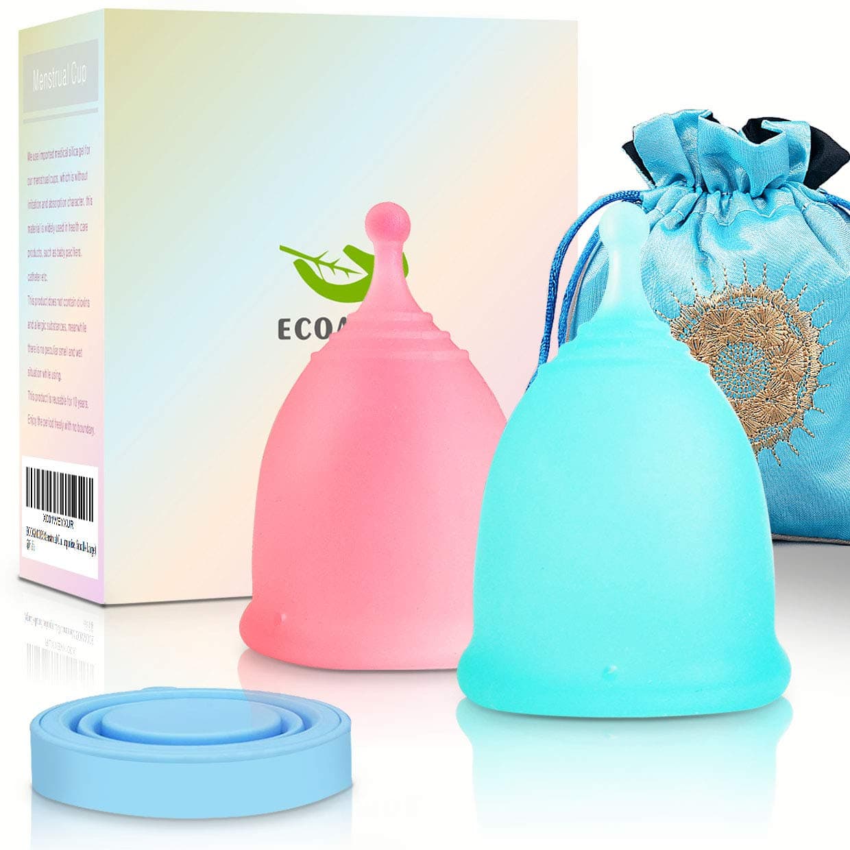 Menstrual Cups, 2-Pack Tampon Alternatives Moon Cup with 1 Washing Cup and Storage Bag,Most Comfortable and Better Removal Stem Design,12h Leakage Protection (Pink+Turquoise, Small+Large)
